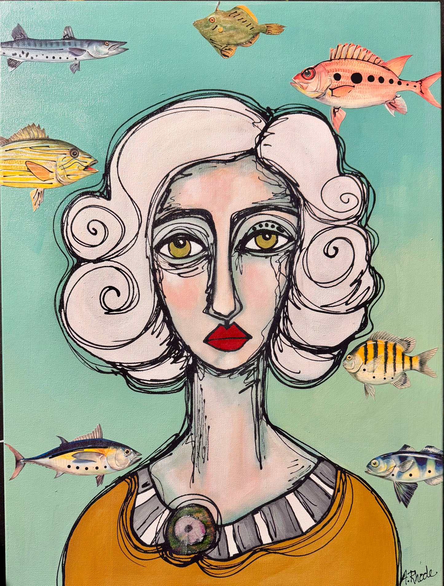 Original, signed painting-18x24”painted, wide edge canvas: Abstract portrait with mixed media collage