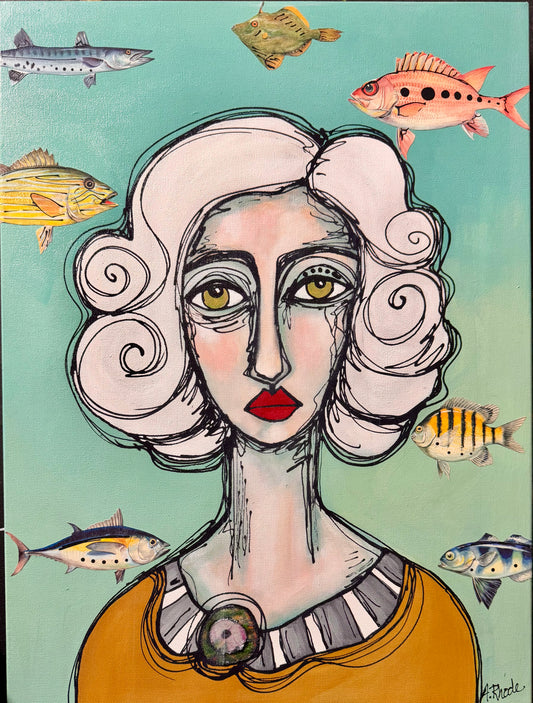 Original, signed painting-18x24”painted, wide edge canvas: Abstract portrait with mixed media collage