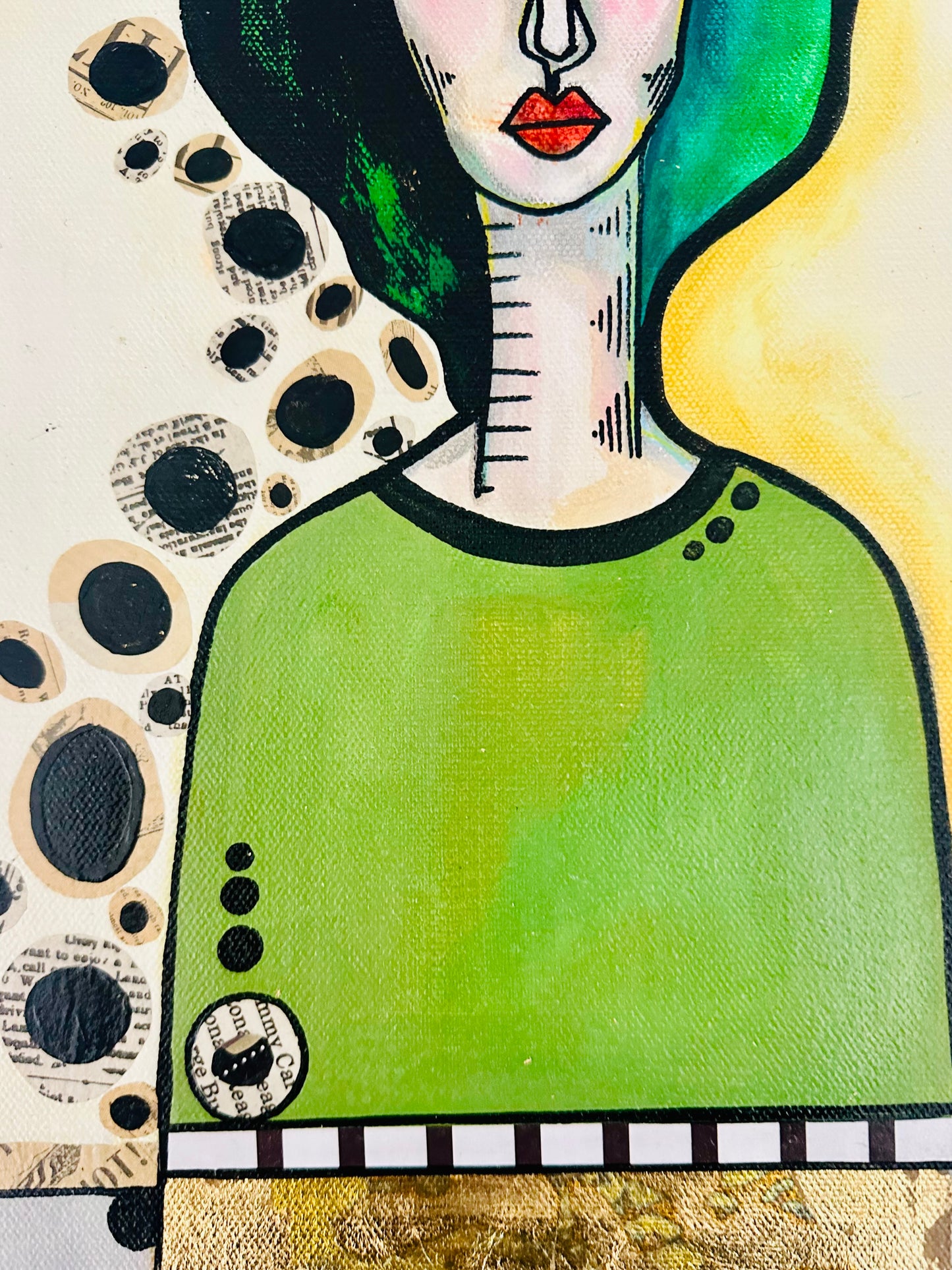 Original, signed painting-12x24” wide collage edge canvas: Abstract portrait w/ mixed media