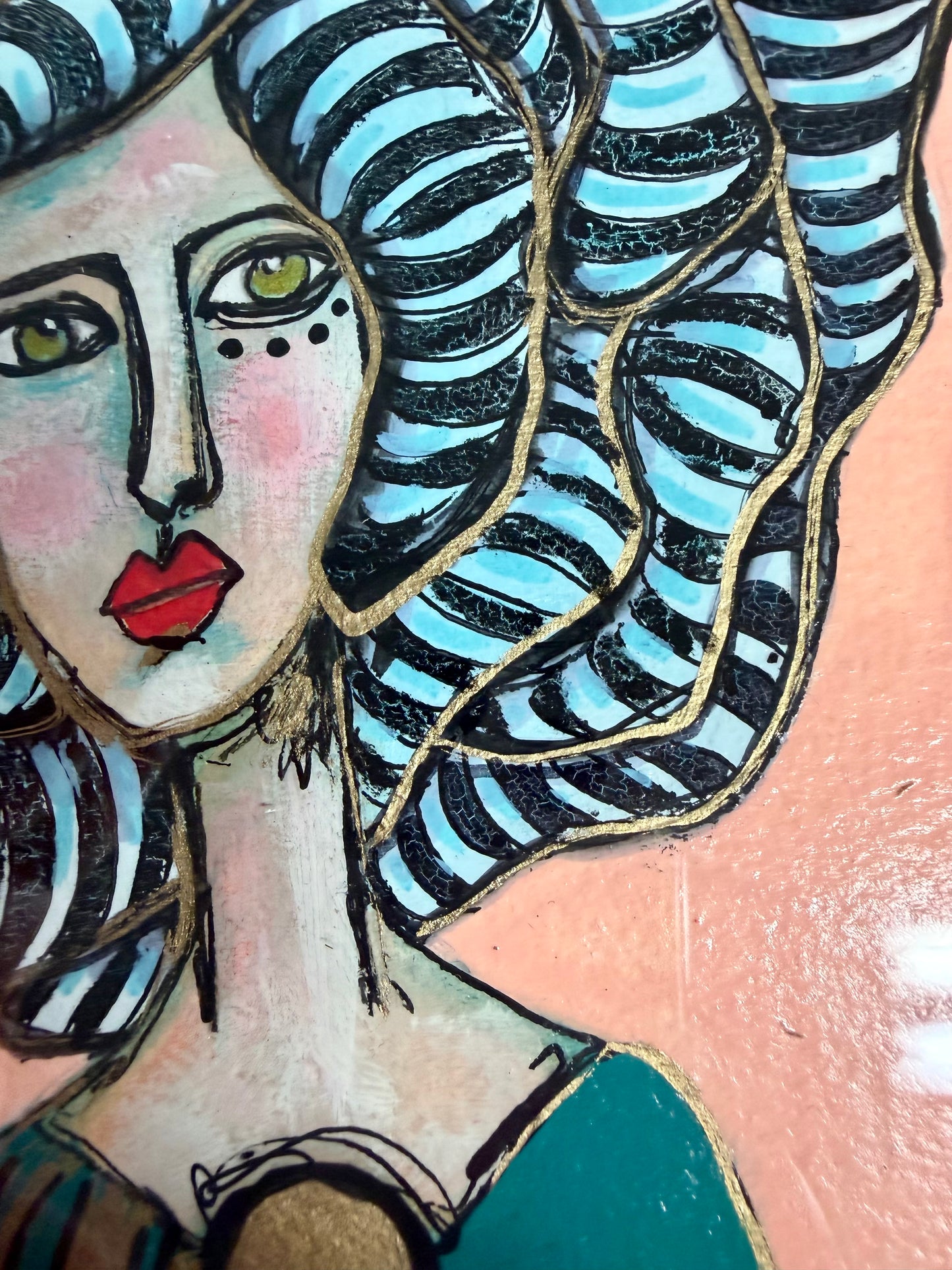 Original,signed painting/mixed media collage portrait on heavyweight archival paper/board in black frame 10.5x13