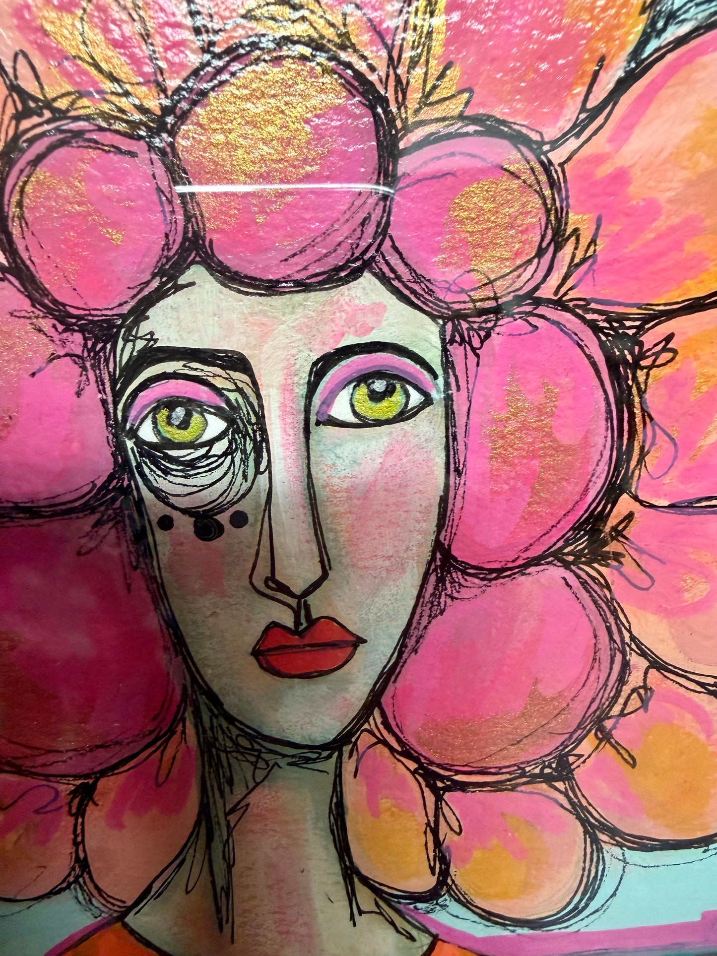 Original,signed painting/mixed media collage portrait on heavyweight archival paper/board in gold frame 10x12