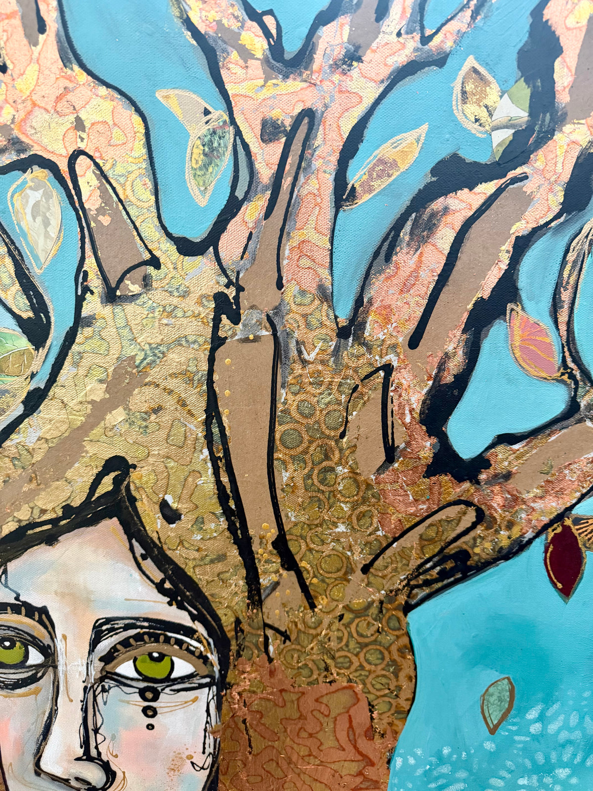 36x48 Original signed painting-wide gallery edge canvas Abstract portrait, acrylic w/mixed media collage
