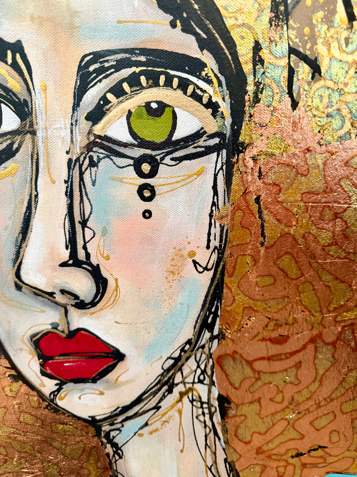 36x48 Original signed painting-wide gallery edge canvas Abstract portrait, acrylic w/mixed media collage