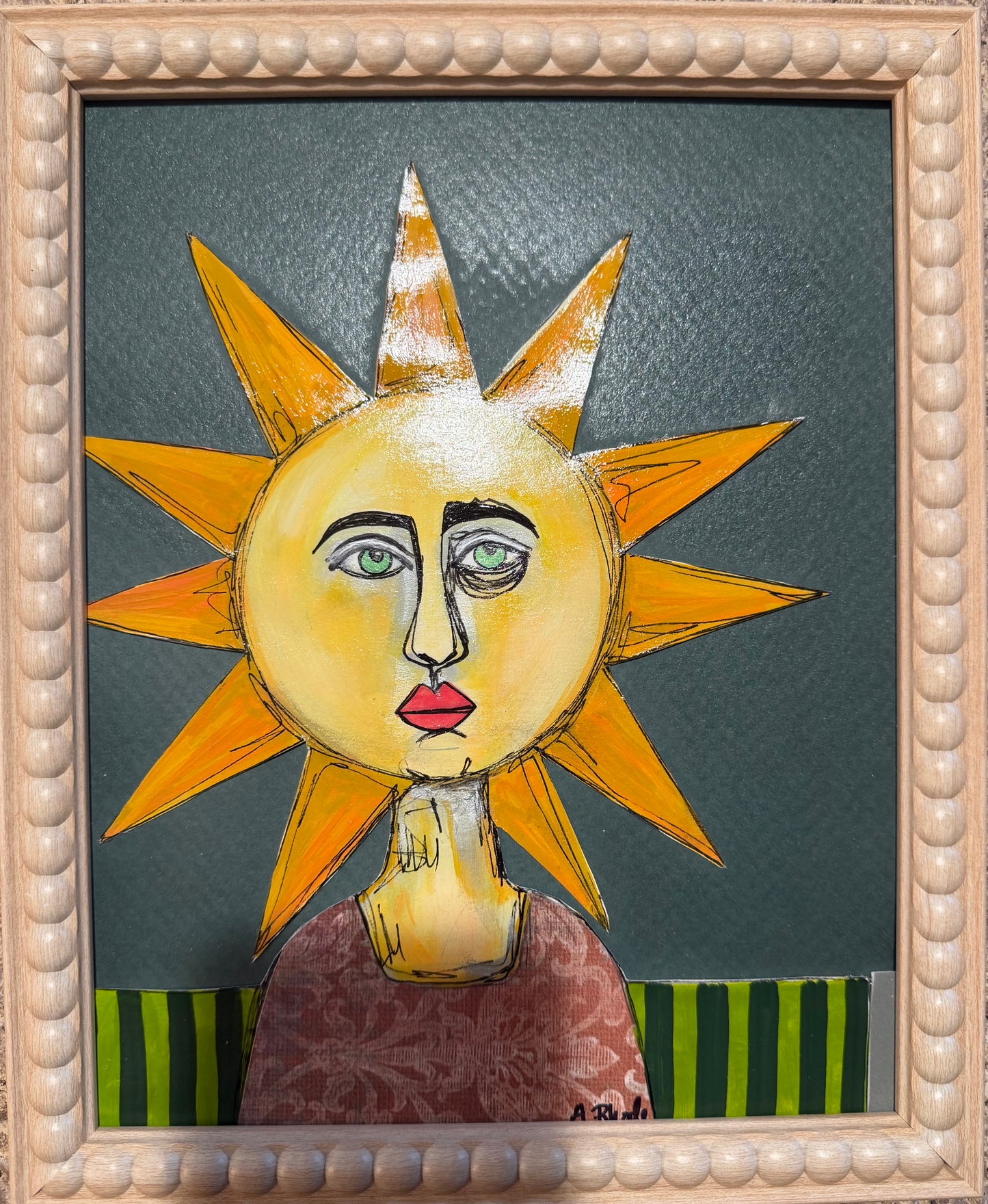 Original,signed small painting/mixed media collage portrait on board in simple frame 9x11