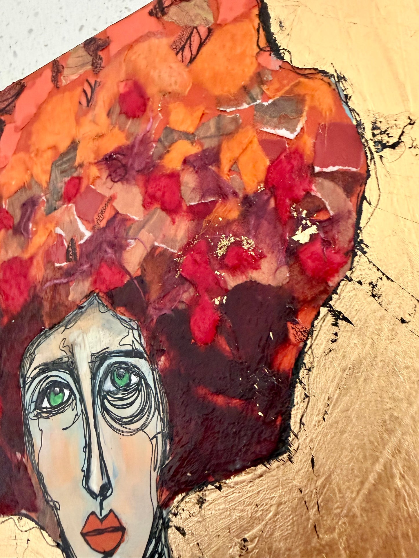 Original, signed mixed media painting/collage on 1in framed wood panel   Abstract portrait w/mixed media -12x12”