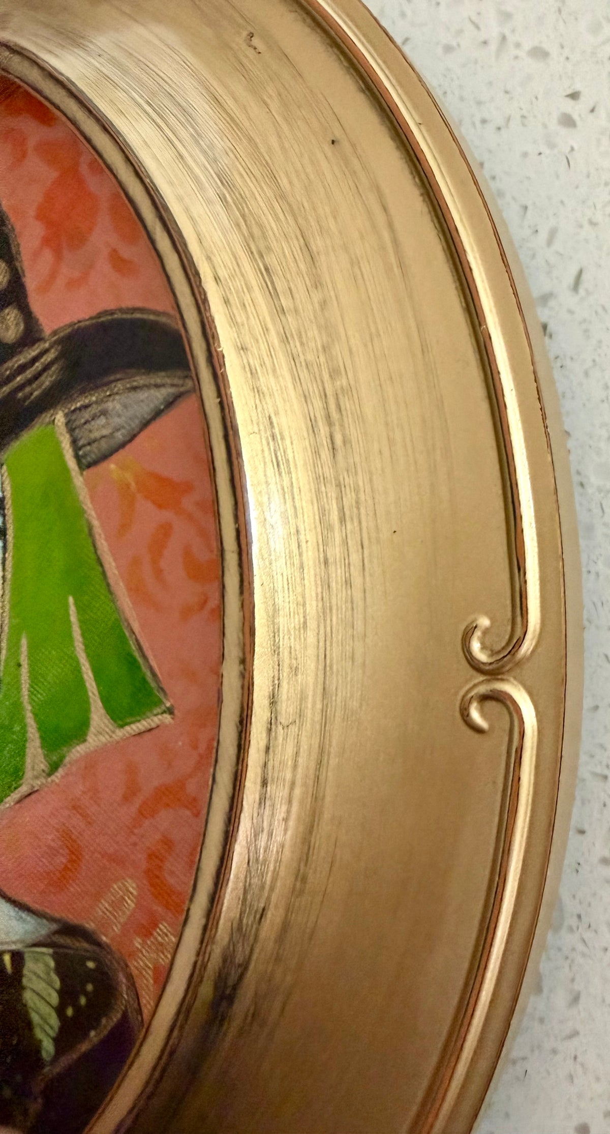 Original,signed oval mini Witch painting & mixed media on canvas board in gold frame 8x9”