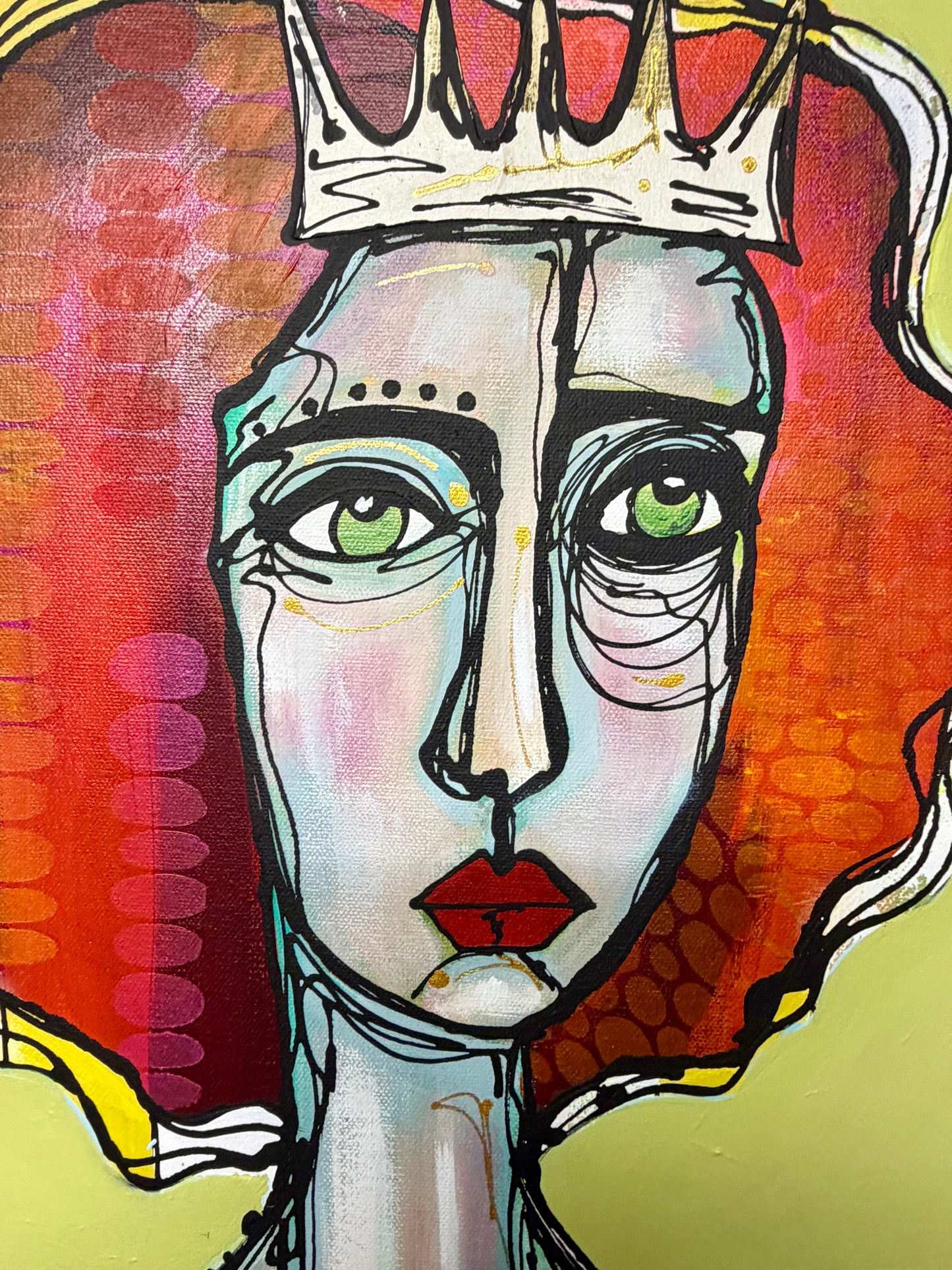 Original, signed painting-20x24”wide edge canvas: Abstract portrait with mixed media and collage edge