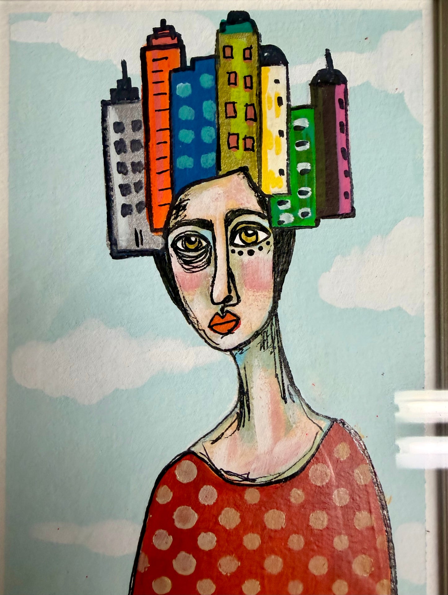 Original,signed painting/mixed media collage portrait on heavyweight archival paper in frame 10x12