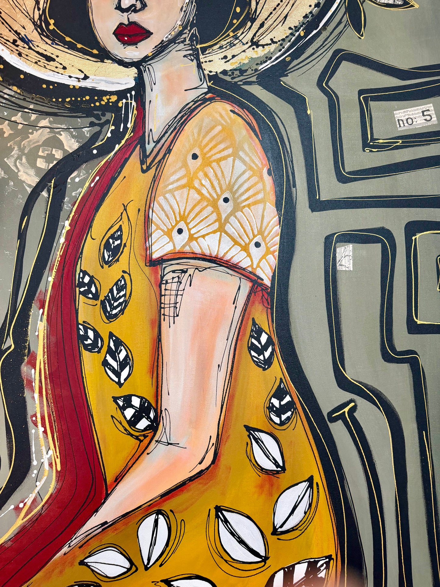 48x60” Original signed painting-wide gallery edge canvas Abstract contour queen portrait w/ mixed media