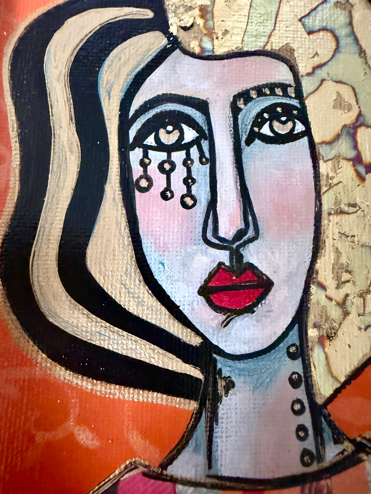 Original,signed painting-mixed media portrait on canvas in gold frame 9x11