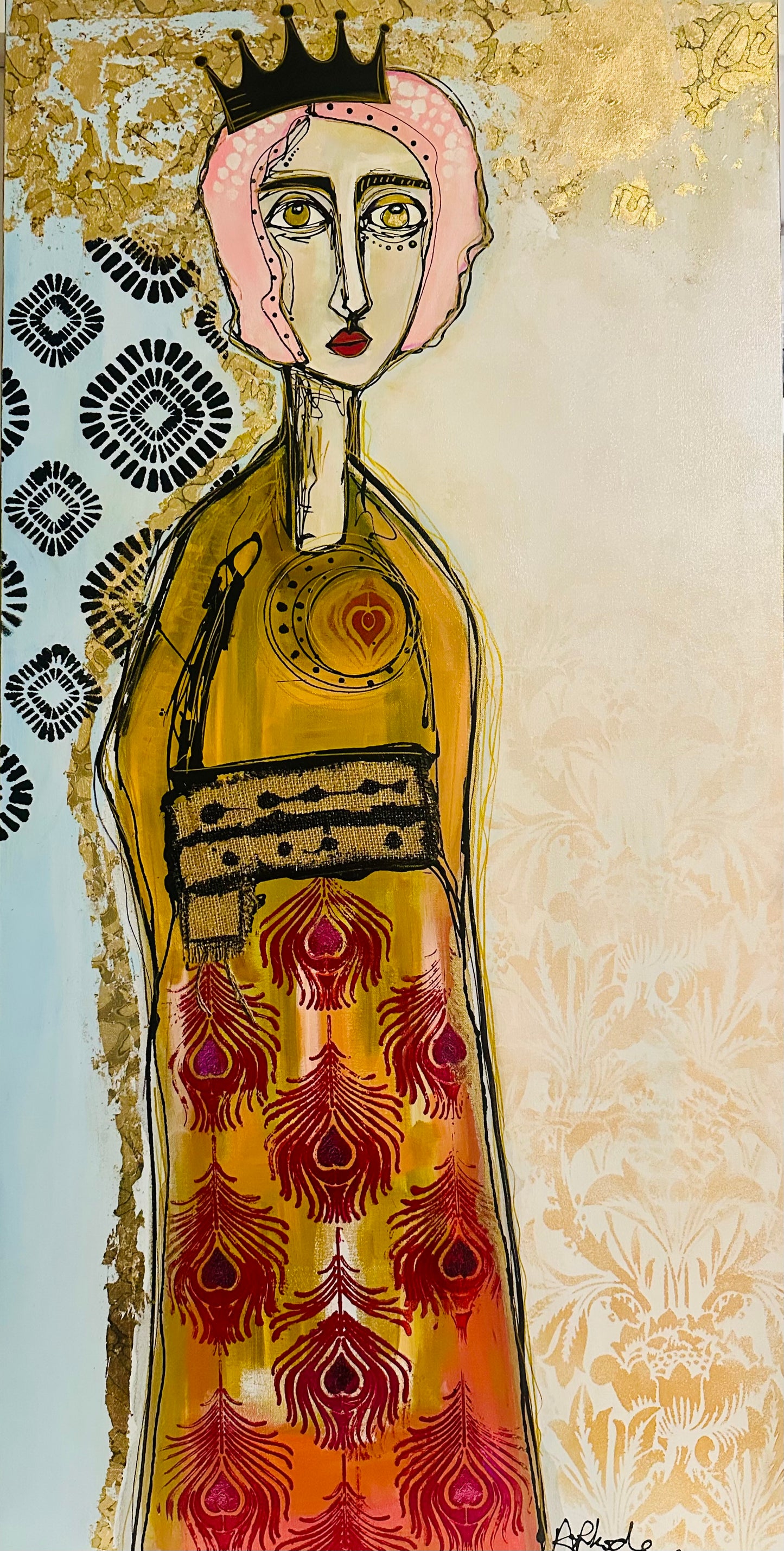 Original, signed painting-24x48”- black edge canvas: Abstract portrait w/ mixed media - ‘Black Crown’