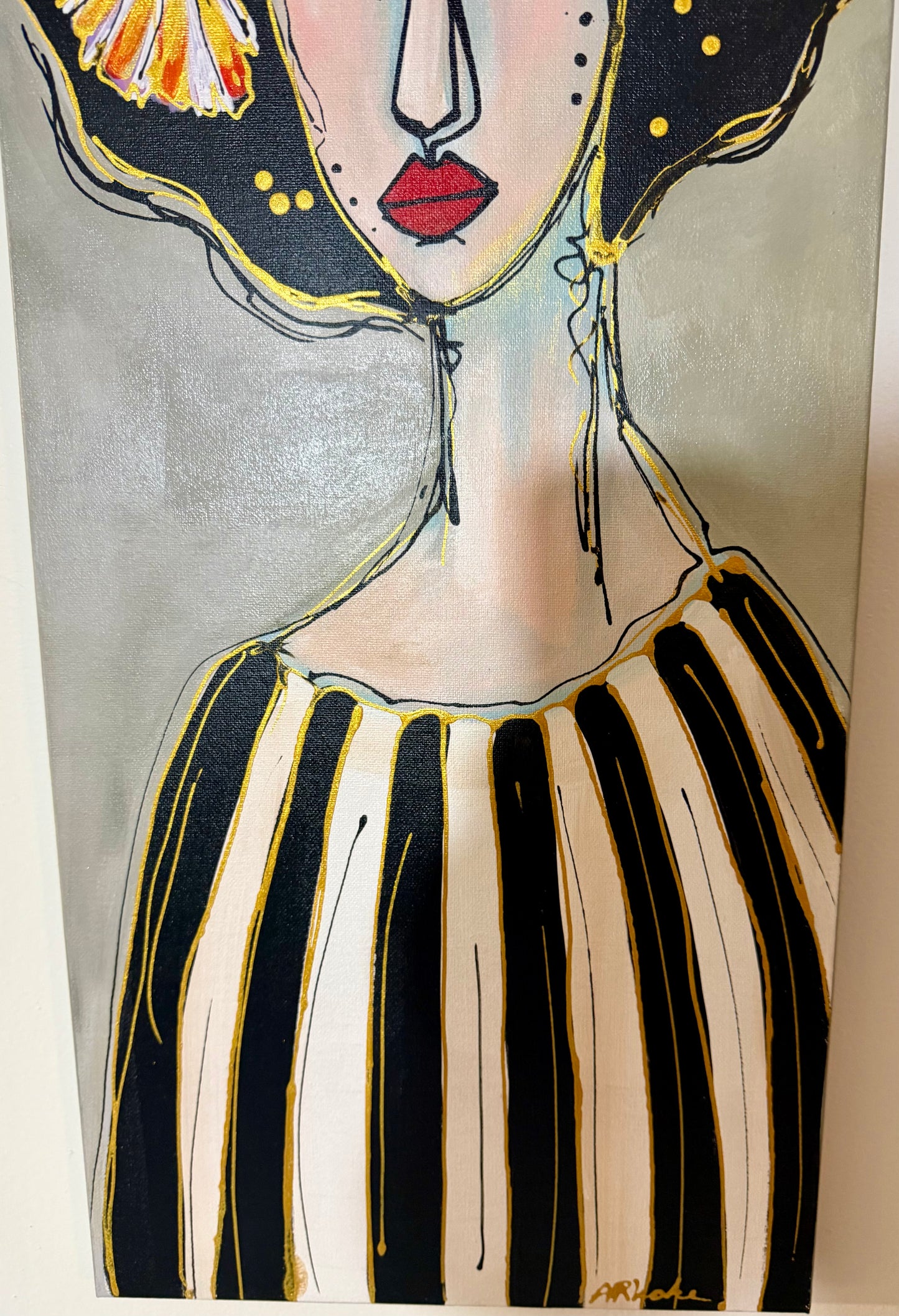 Original, signed painting-12x36” painted edge canvas: Abstract portrait with mixed media