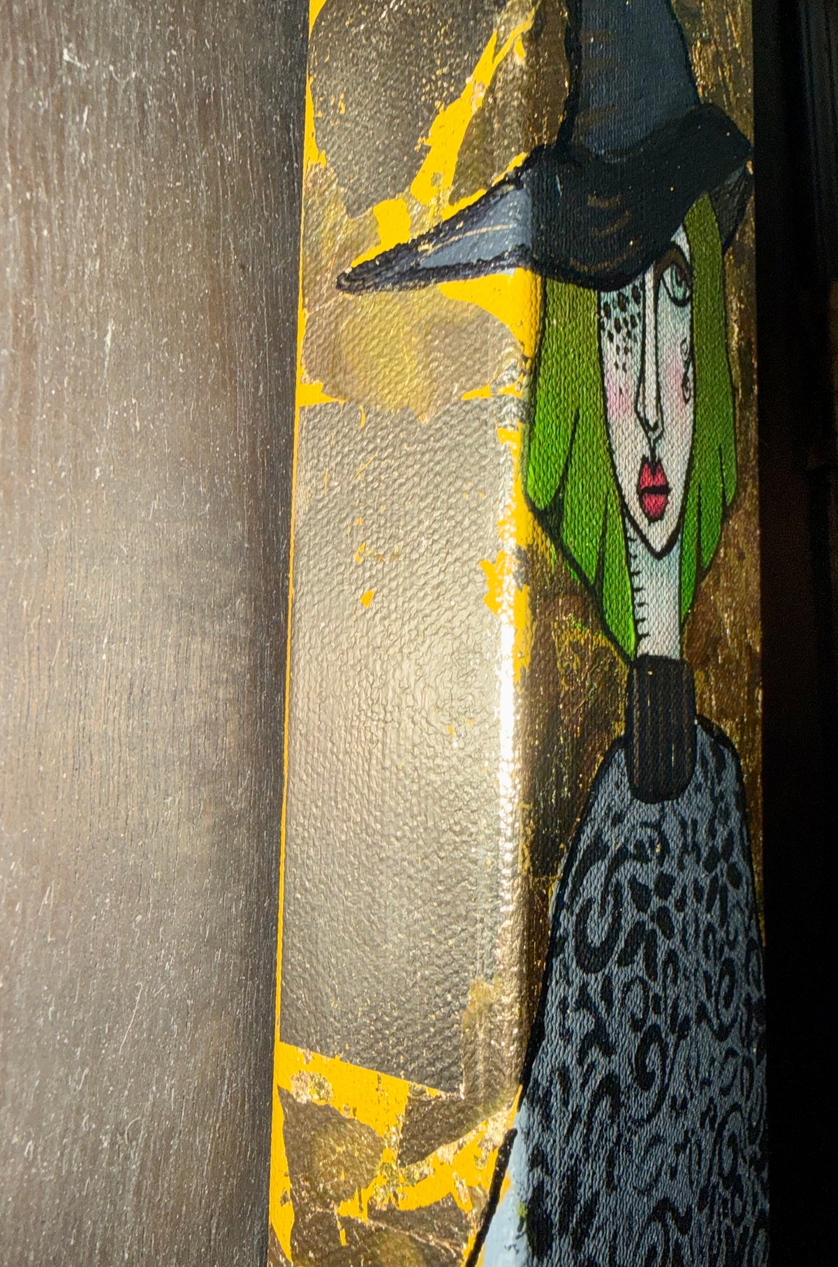 Original, signed mini /slender painting on canvas  Abstract portrait w/mixed media 4x12x1.5”