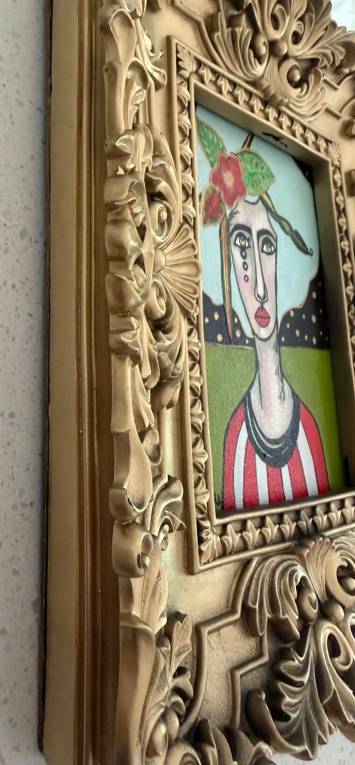 Original,signed painting-mixed media portrait on canvas in gold frame 10x12