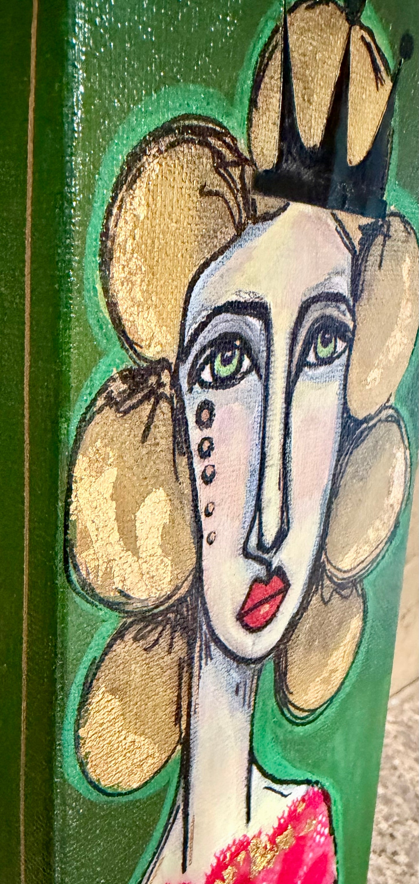 Original, signed mini /slender painting on canvas  Abstract portrait w/mixed media 4x12”