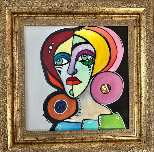 Original painting on canvas board - gold frame 22x22” Abstract Portrait w/mixed media collage