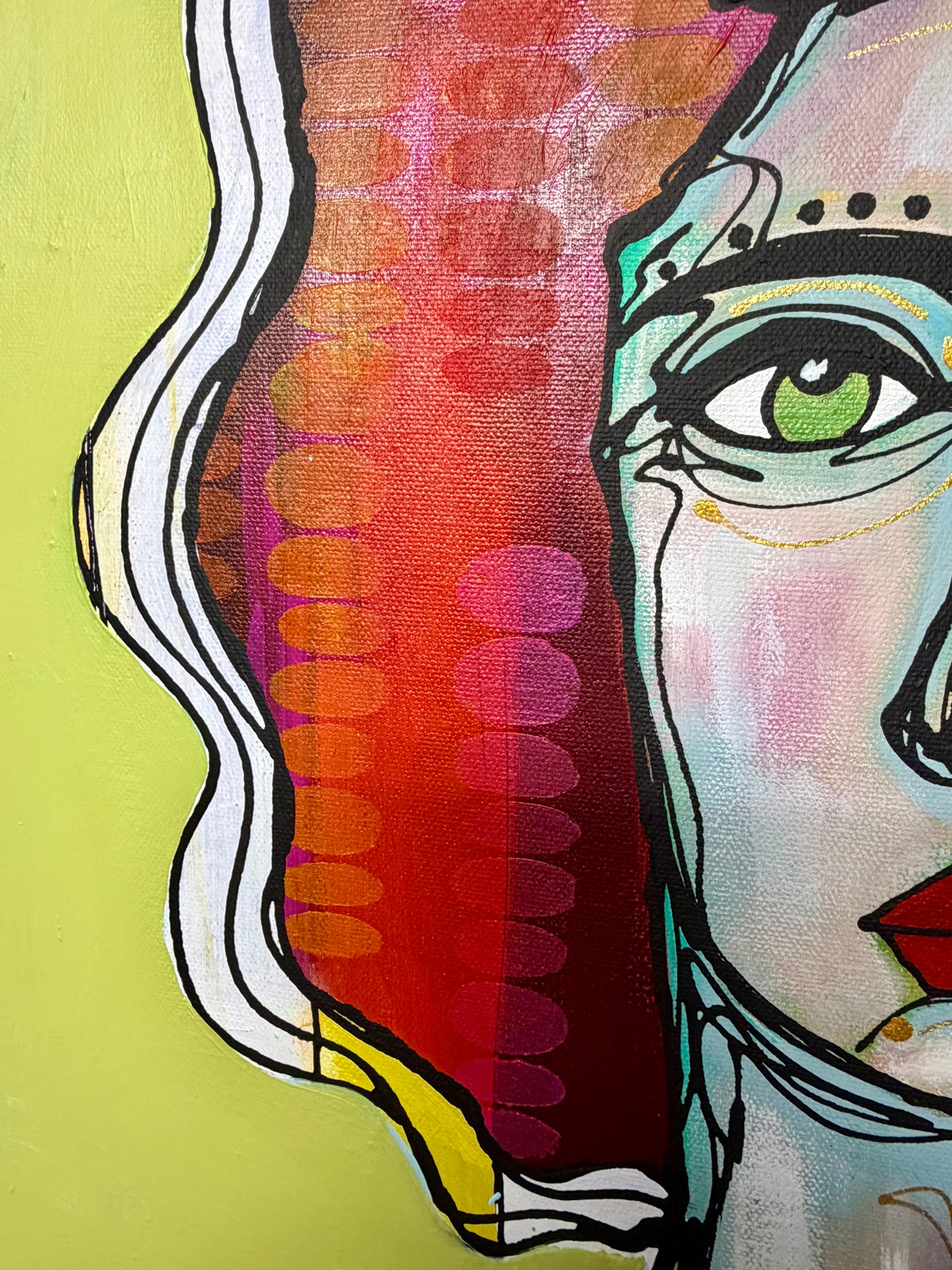 Original, signed painting-20x24”wide edge canvas: Abstract portrait with mixed media and collage edge
