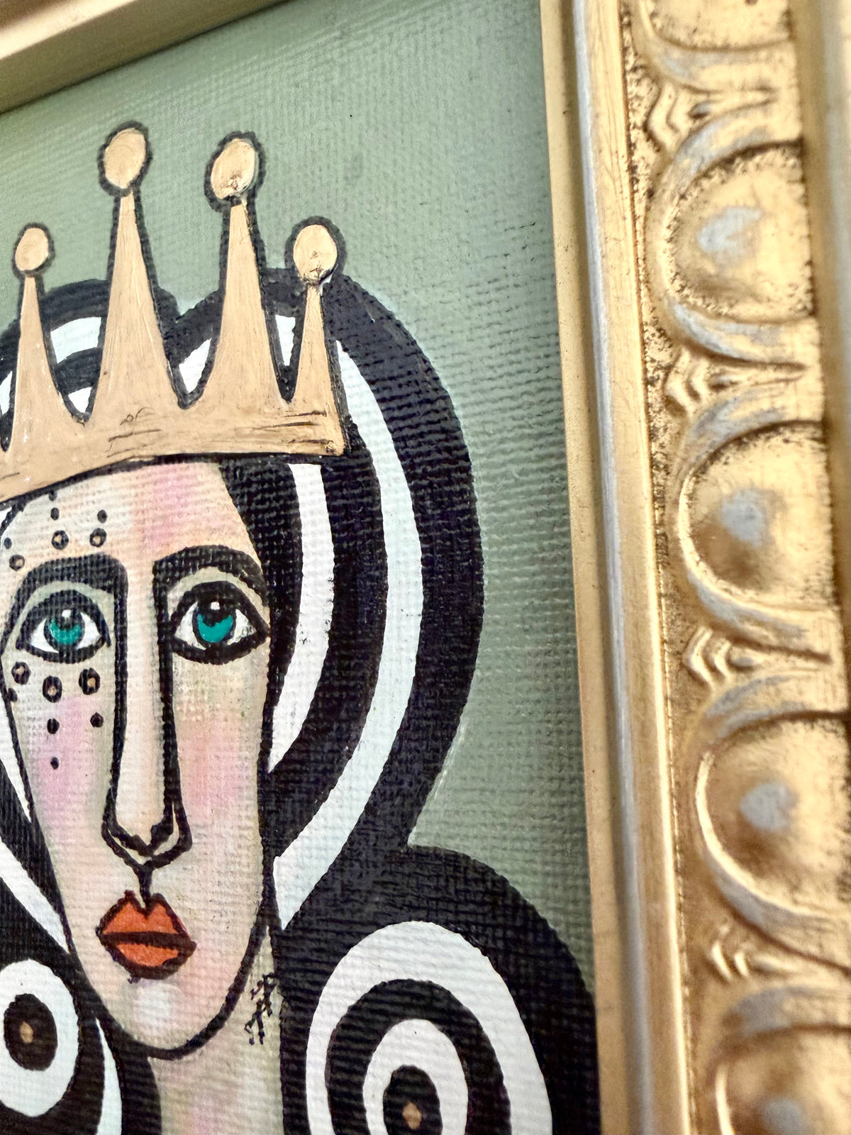 Original,signed painting-mixed media portrait on canvas in gold frame 9x11