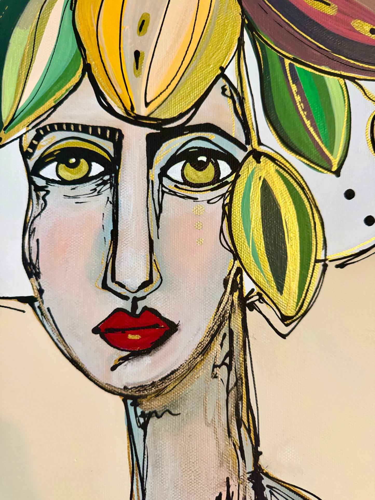 Original, signed painting-15x30”painted, wide edge canvas: Abstract portrait with mixed media collage