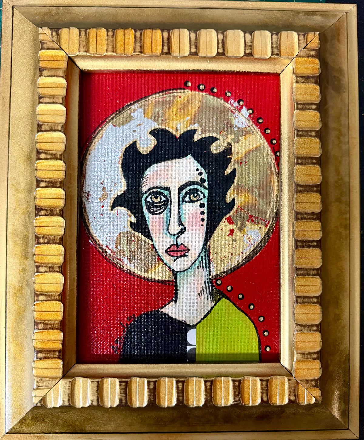 Original,signed painting-mixed media portrait on canvas in gold frame 9x11