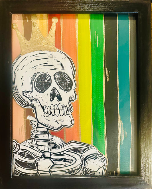 Original, hand-carved & pulled linocut Skelly King block print w/painted & collaged background-in black frame 13x16