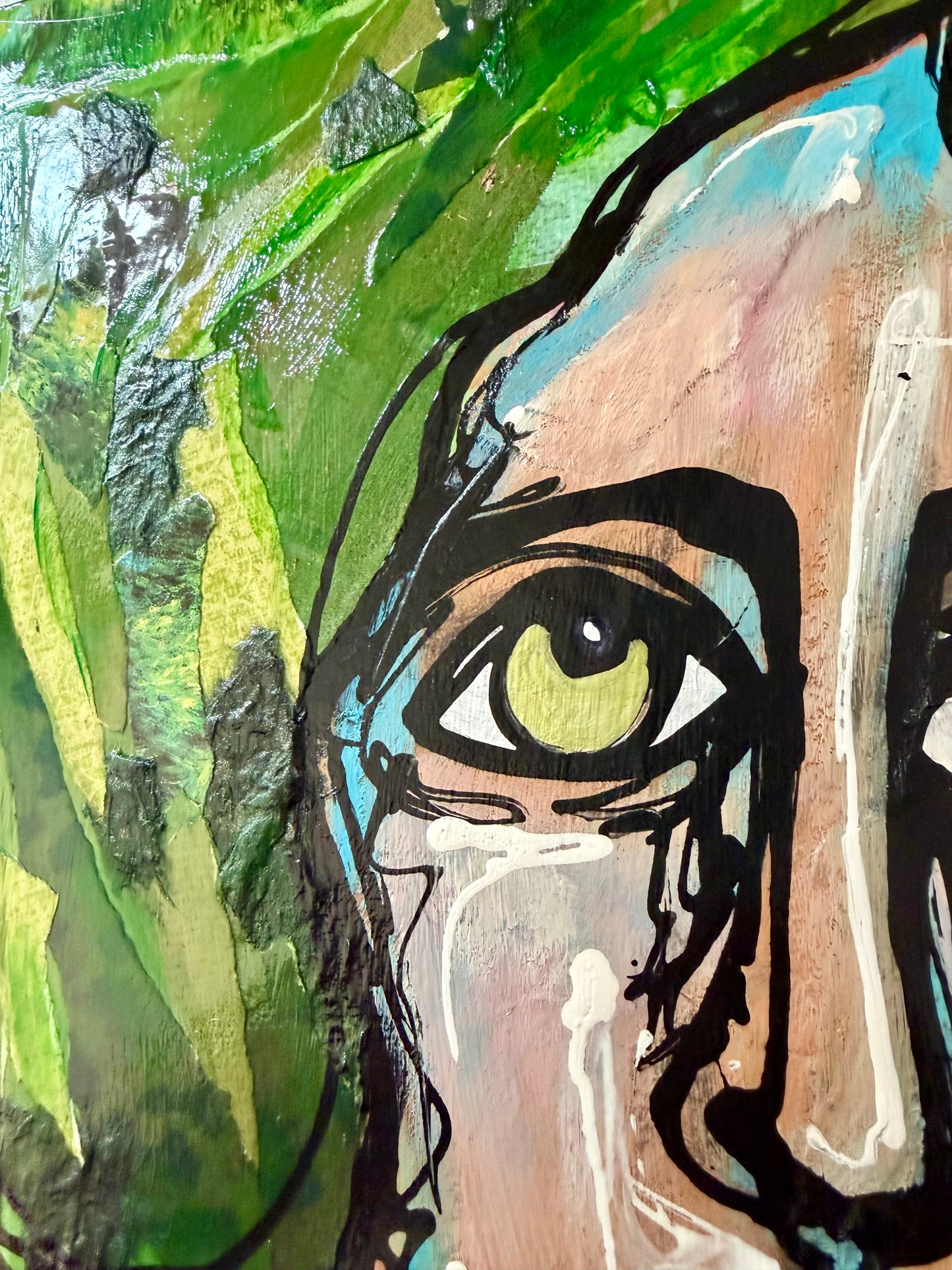 Original, signed mixed media painting/collage on box-framed wood panel. Abstract portrait w/mixed media -11x14”