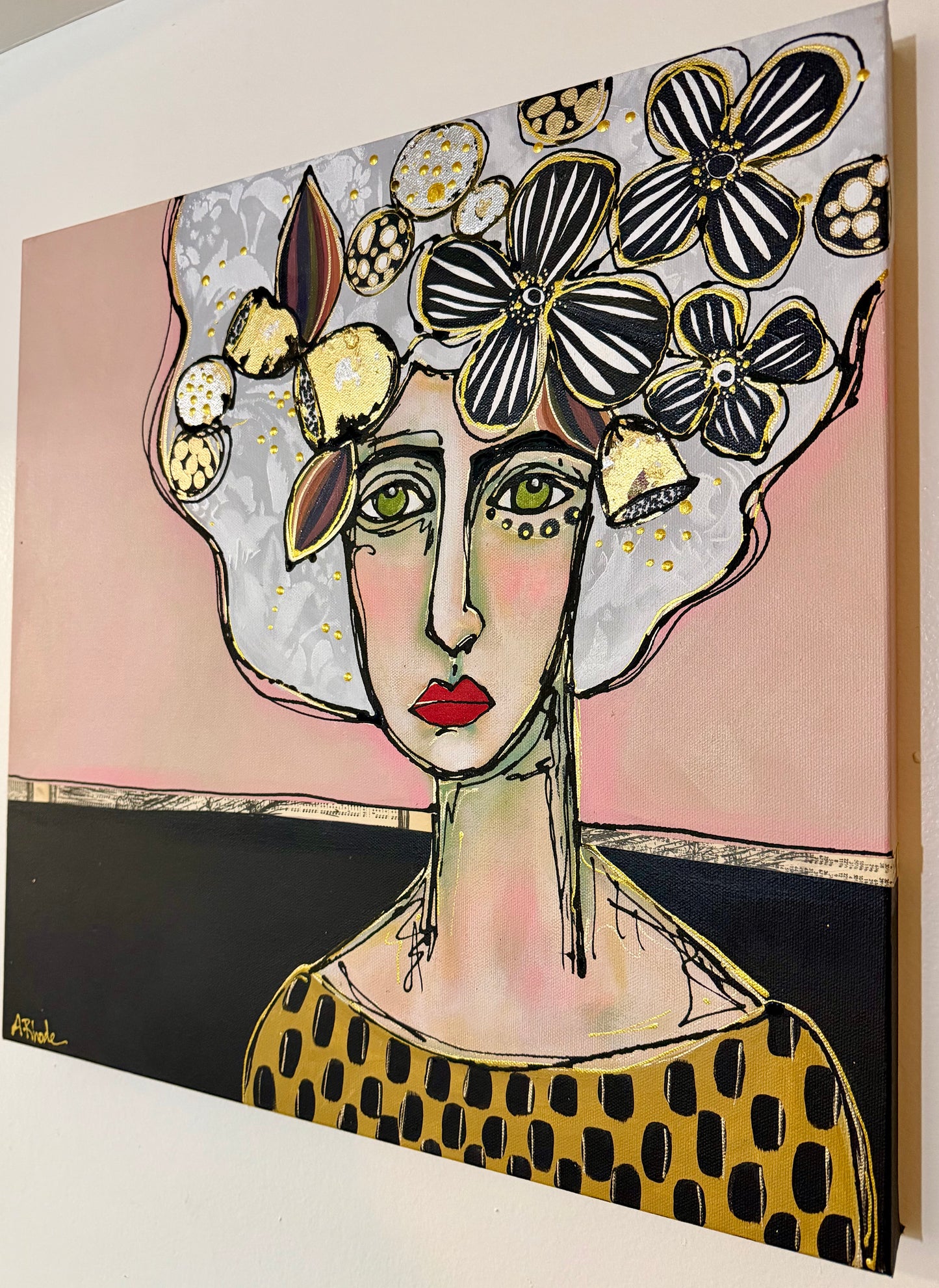 Original, signed painting-20x20”wide edge canvas: Abstract portrait with flowers/mixed media.