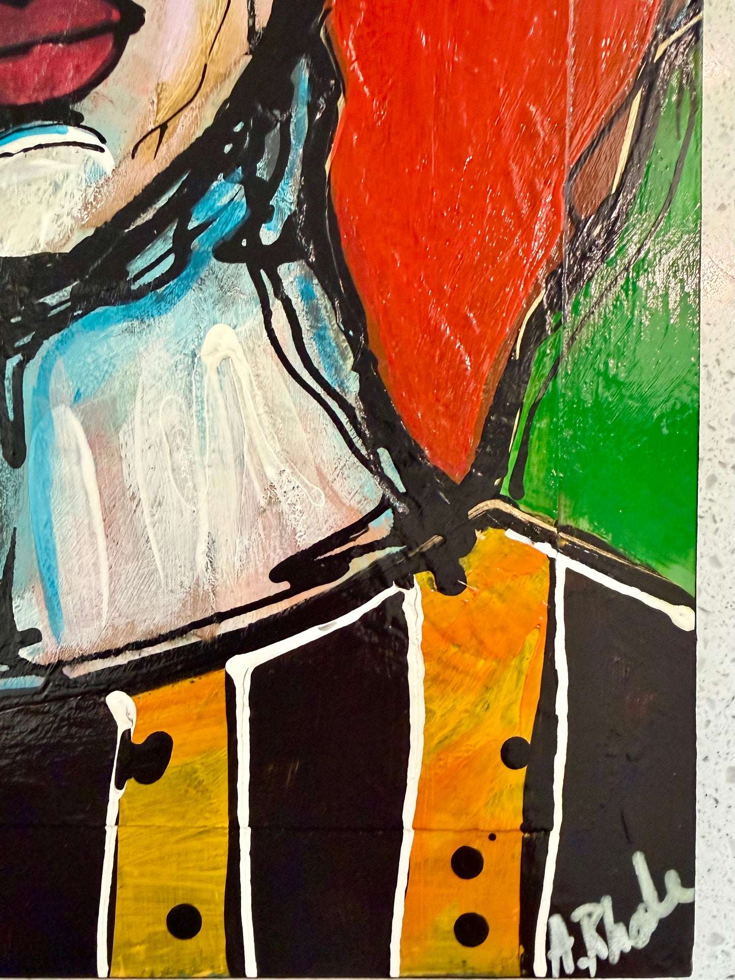 Original, signed mixed media painting/collage on box-framed wood panel. Abstract portrait w/mixed media -11x14”