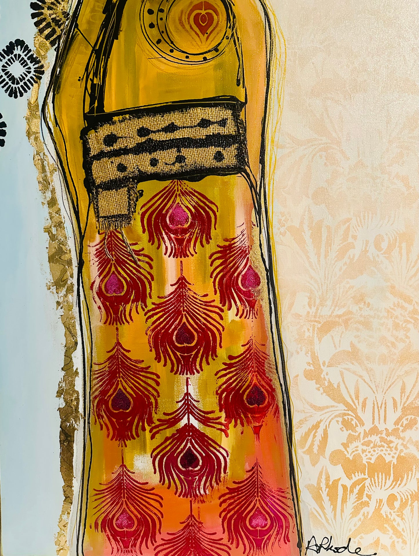 Original, signed painting-24x48”- black edge canvas: Abstract portrait w/ mixed media - ‘Black Crown’