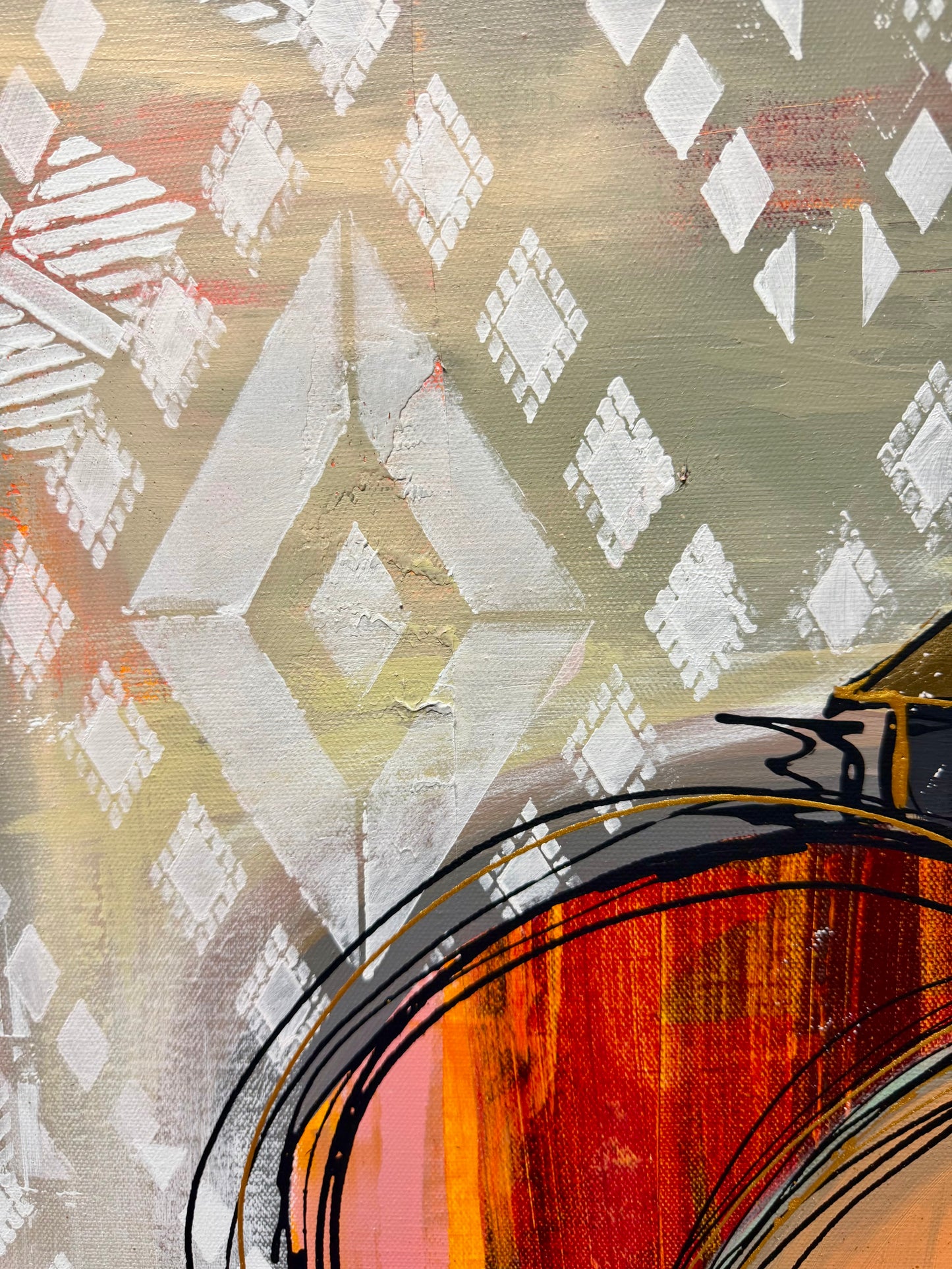 36x48 Original signed painting-wide gallery edge canvas Abstract portrait, acrylic w/mixed media collage & painted edge