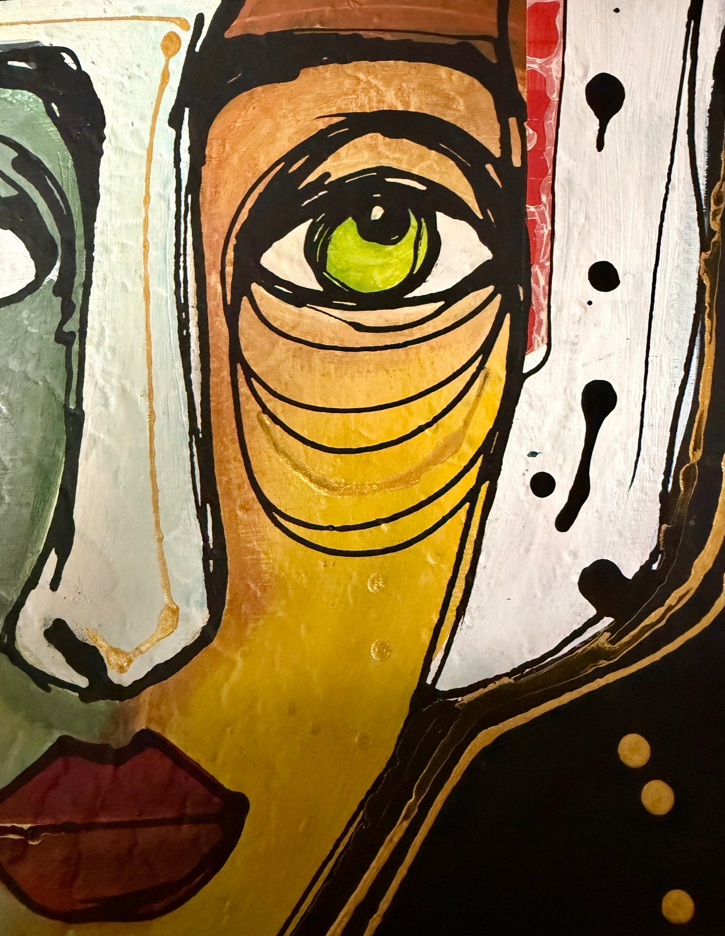 Original, signed mixed media painting/collage on boxed framed wood panel   Abstract portrait w/mixed media -12x12”