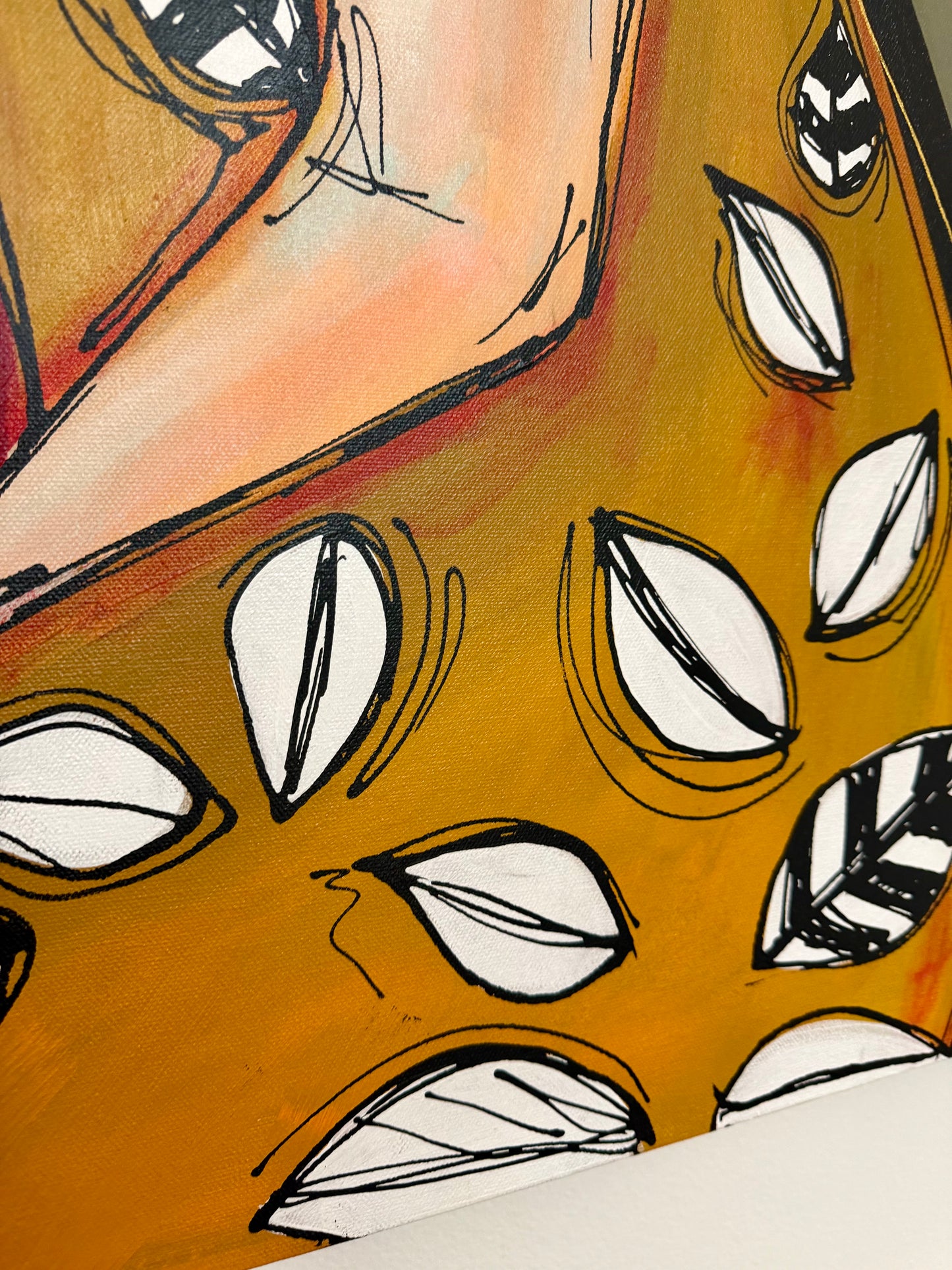 48x60” Original signed painting-wide gallery edge canvas Abstract contour queen portrait w/ mixed media