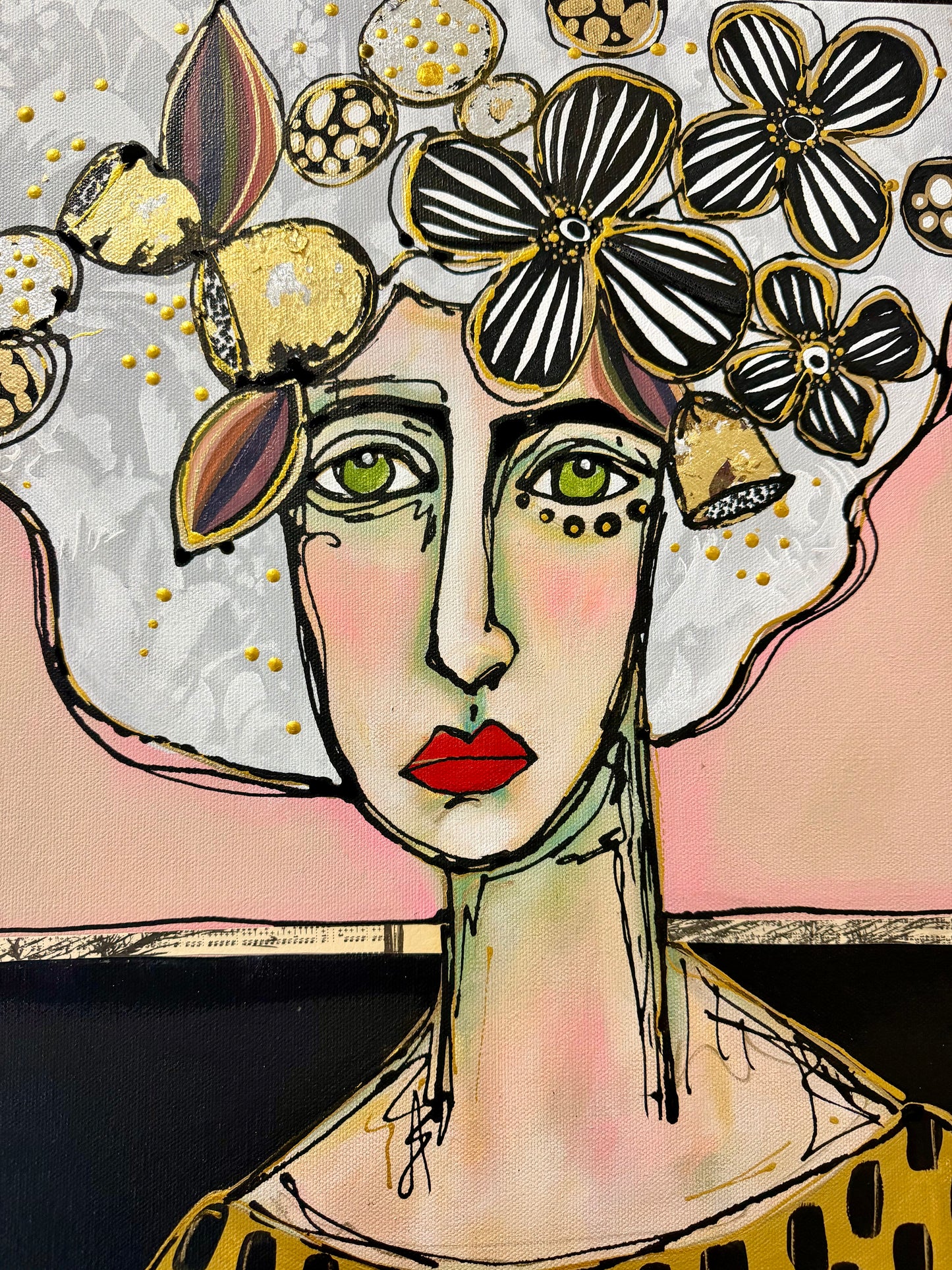 Original, signed painting-20x20”wide edge canvas: Abstract portrait with flowers/mixed media.
