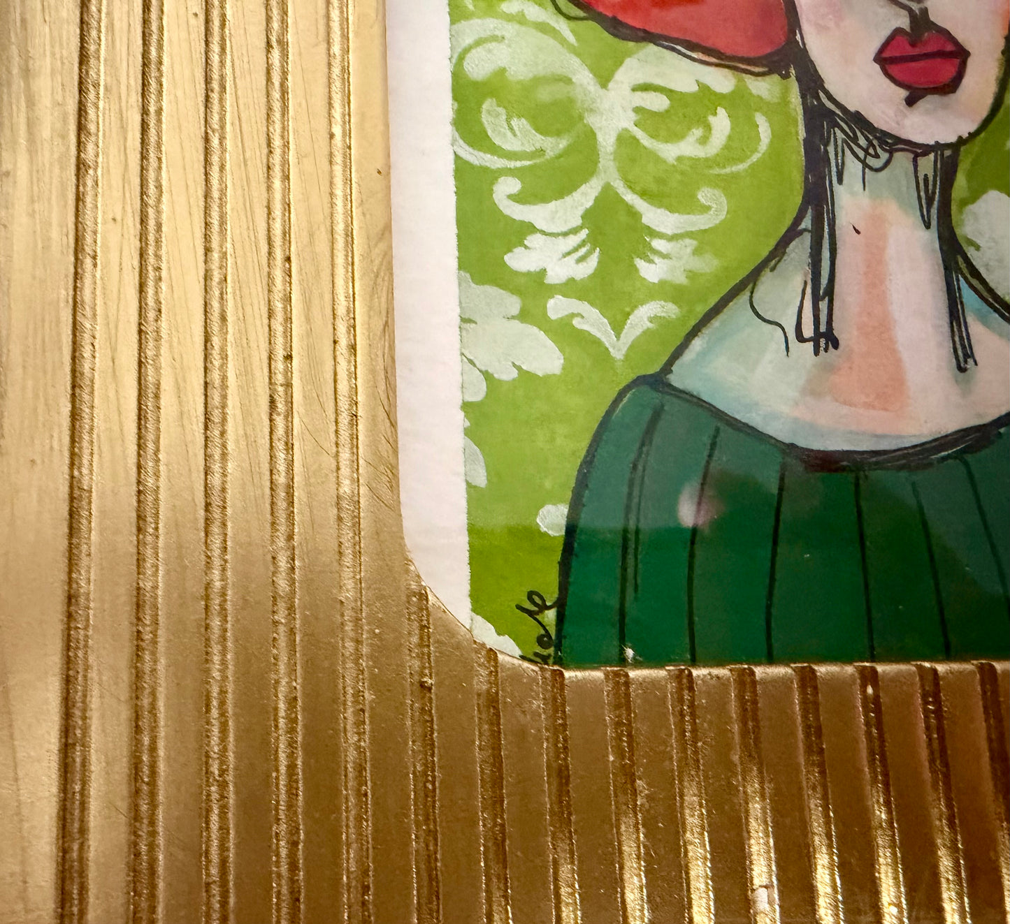Original,signed painting/mixed media collage portrait on heavyweight archival paper in gold arch frame, 8x9