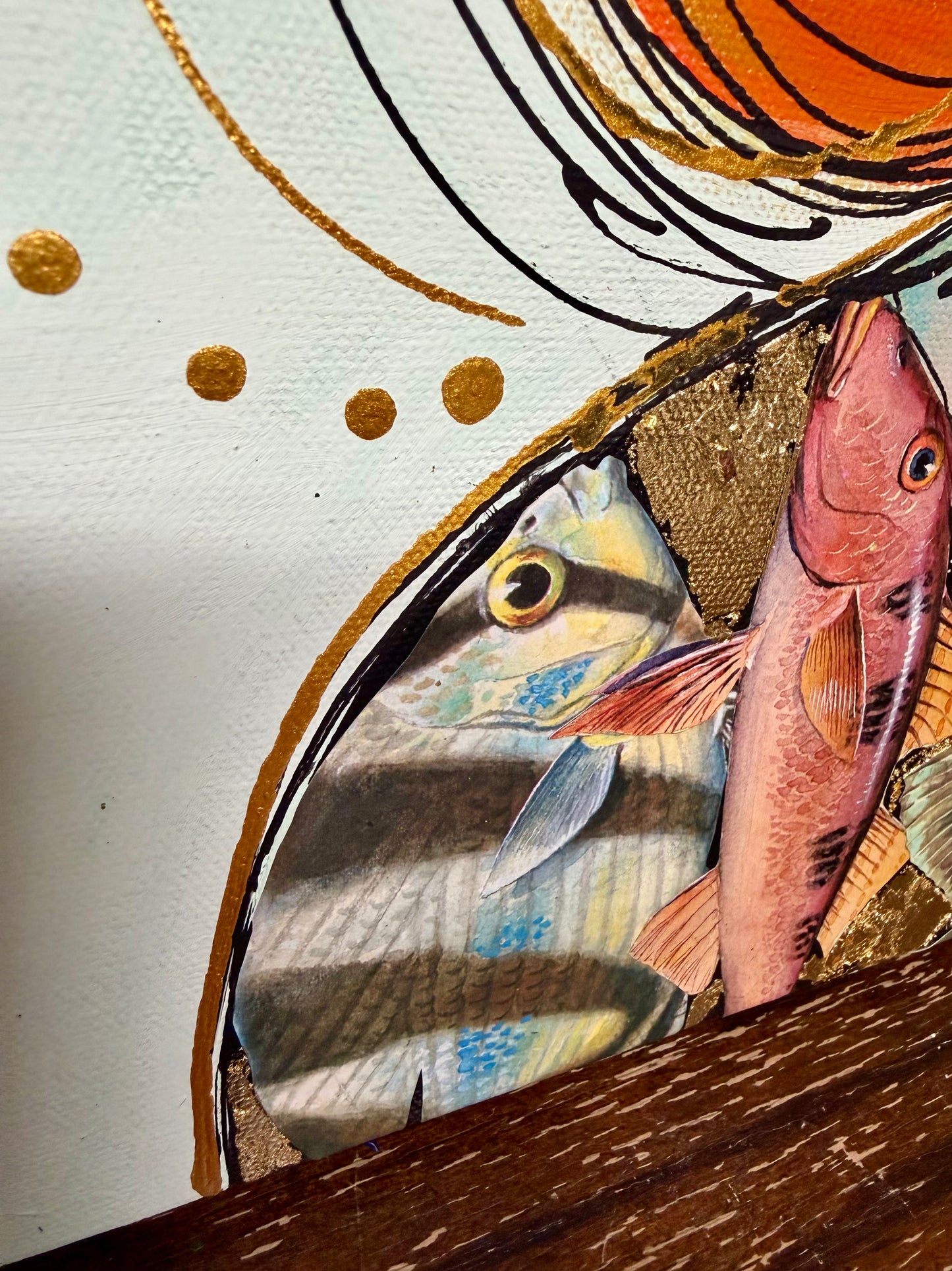 Original, signed painting-20x24”painted, wide edge canvas: “Upstream” Abstract portrait with mixed media collage
