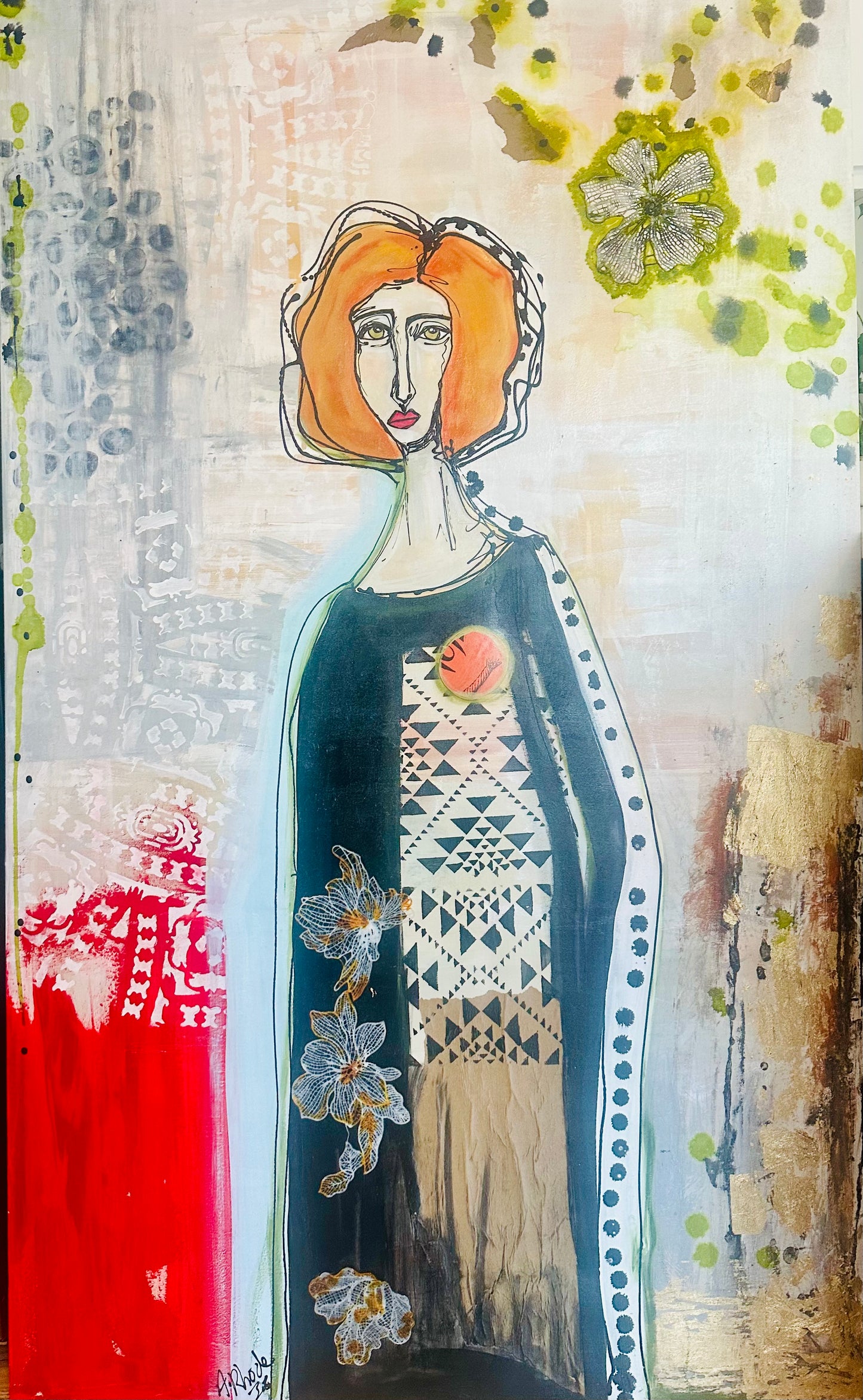 Original, signed painting-36x60” wide edge gallery canvas: Abstract portrait w/ mixed media