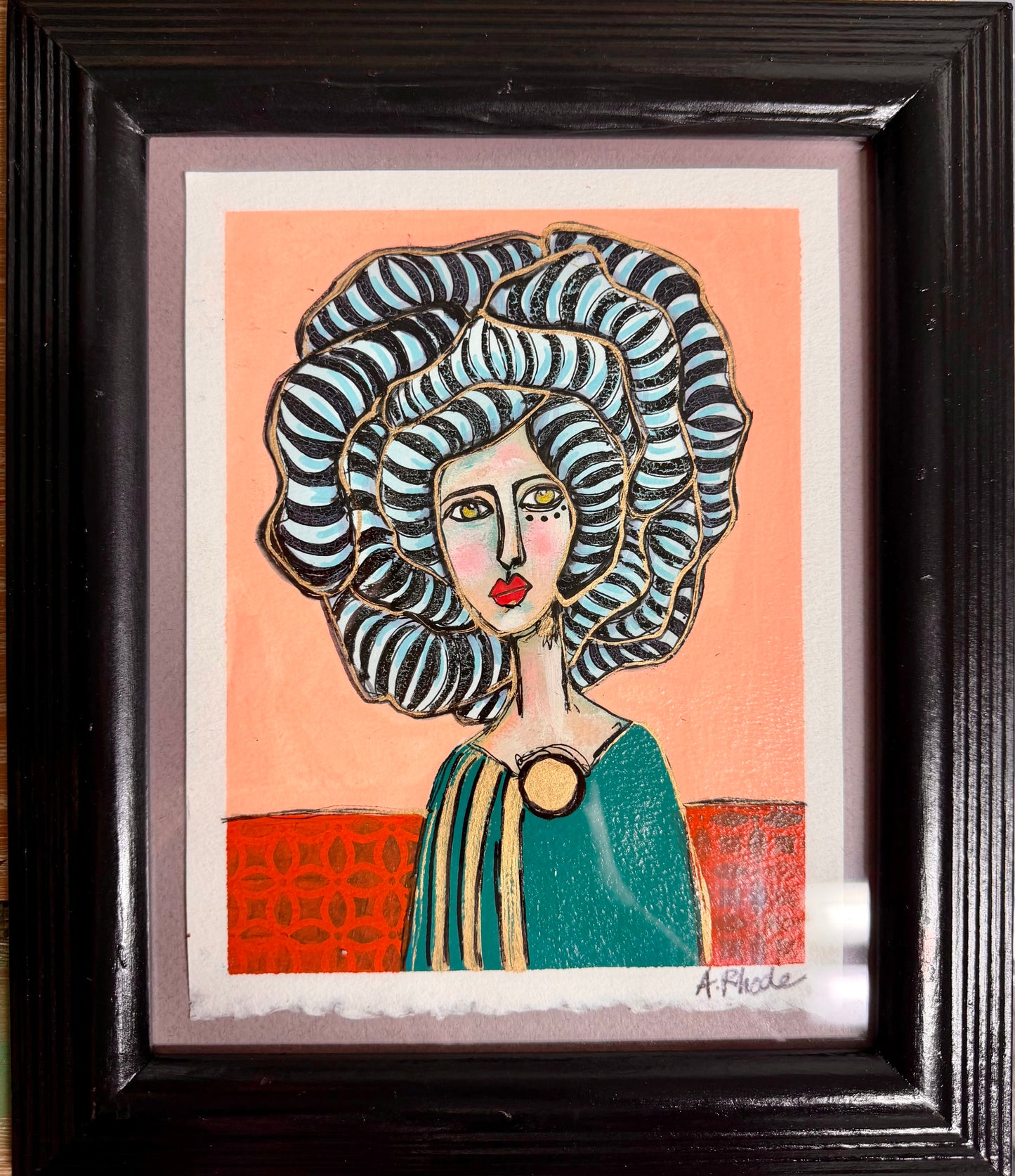 Original,signed painting/mixed media collage portrait on heavyweight archival paper/board in black frame 10.5x13