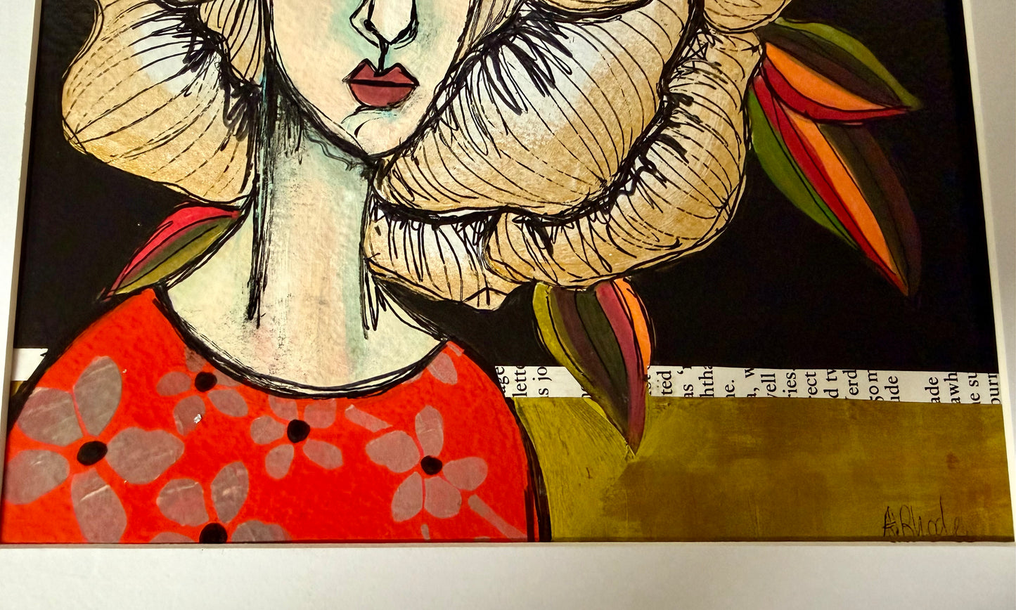 Original,signed painting/mixed media collage in black frame, 12x15” flower girl portrait.
