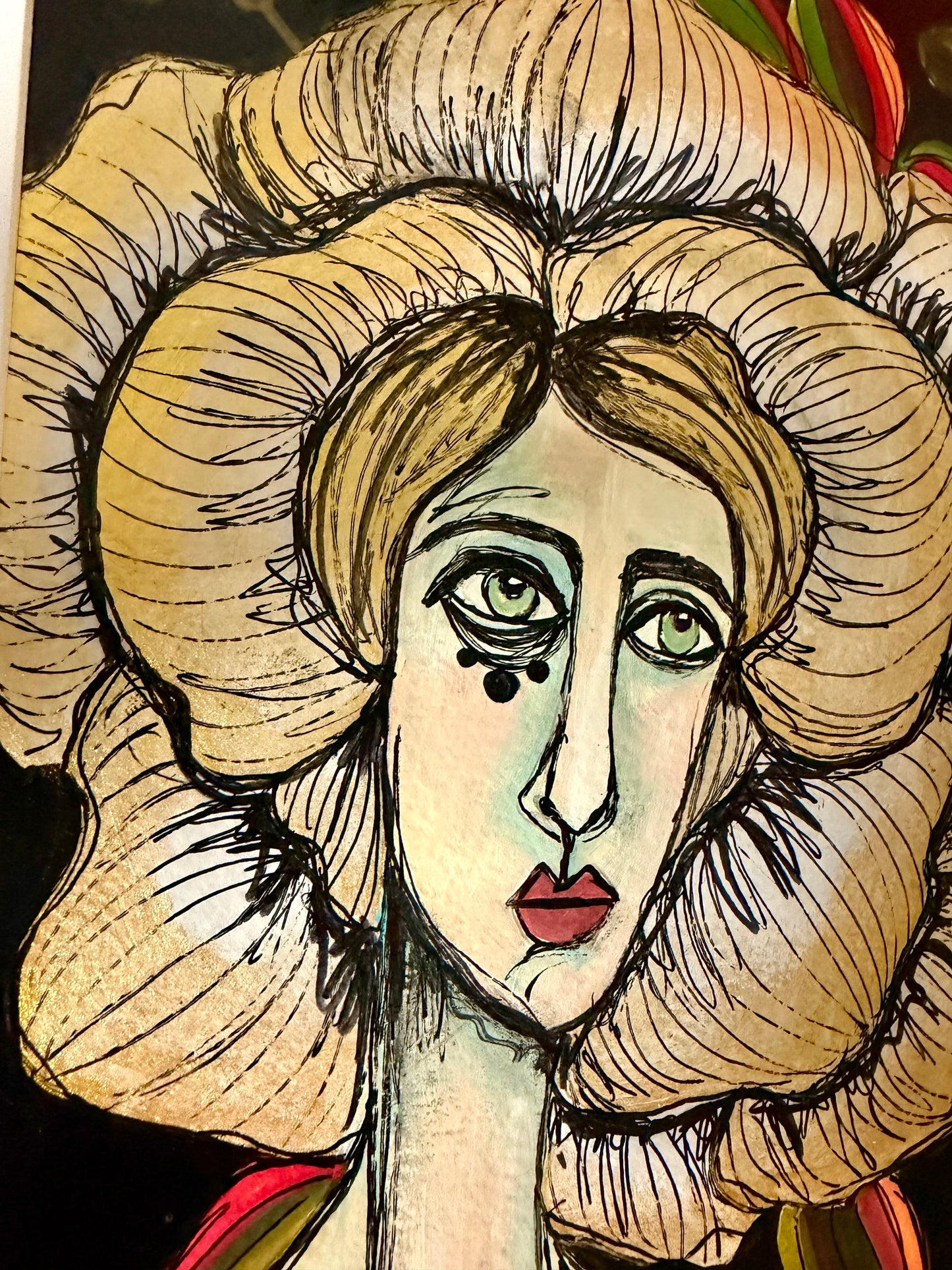 Original,signed painting/mixed media collage in black frame, 12x15” flower girl portrait.