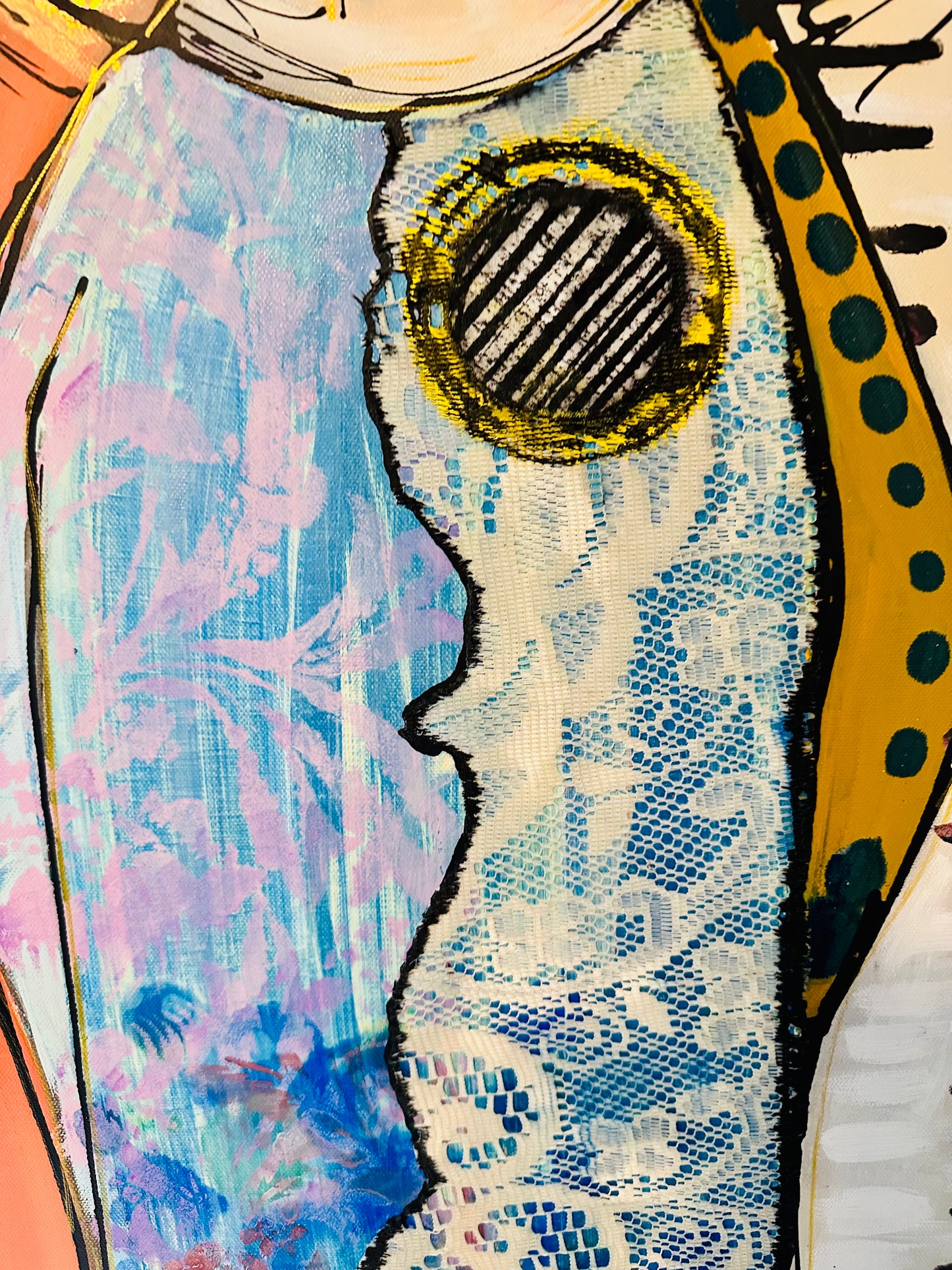 Original, signed painting-24x48”- black edge canvas: Abstract portrait w/ mixed media -“copper nimbus”