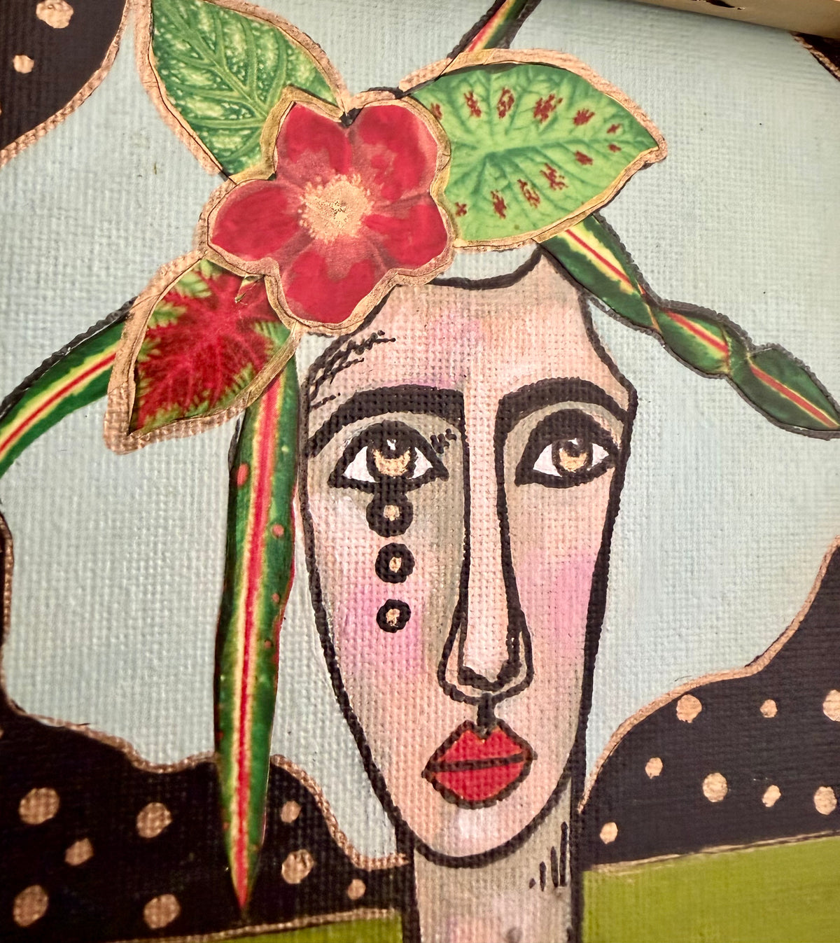 Original,signed painting-mixed media portrait on canvas in gold frame 10x12