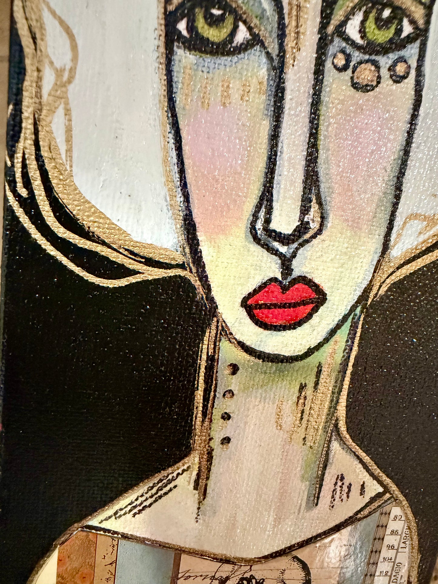 Original, signed mini /slender painting on canvas  Abstract portrait w/mixed media 4x12”