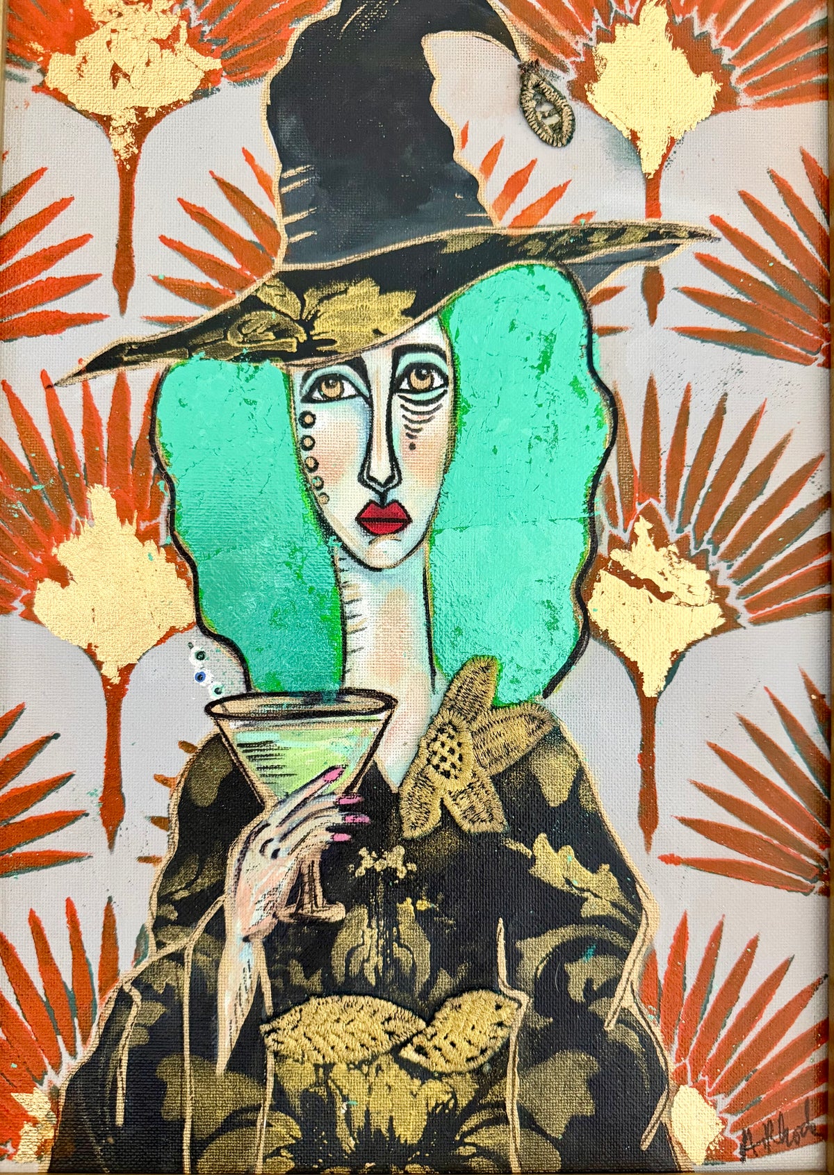 Original,signed Witches’ Brew painting & mixed media on canvas board in ornate gold frame14x18”