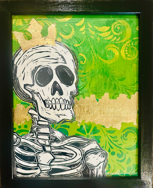 Original, hand-carved & pulled linocut Skelly King block print w/painted & collaged background-in black frame 13x16