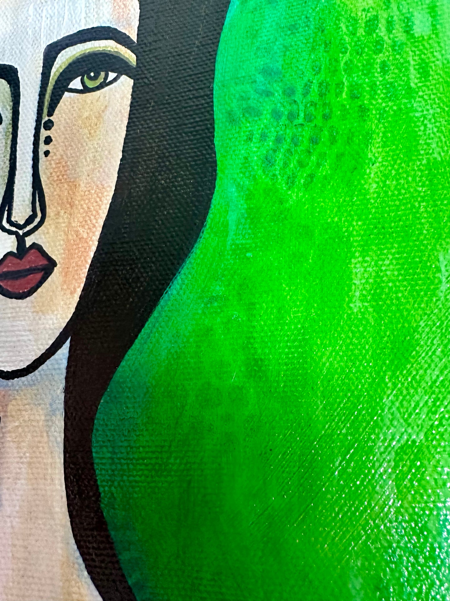 Original, signed painting-10x20” wide collage edge canvas: Abstract portrait w/ mixed media