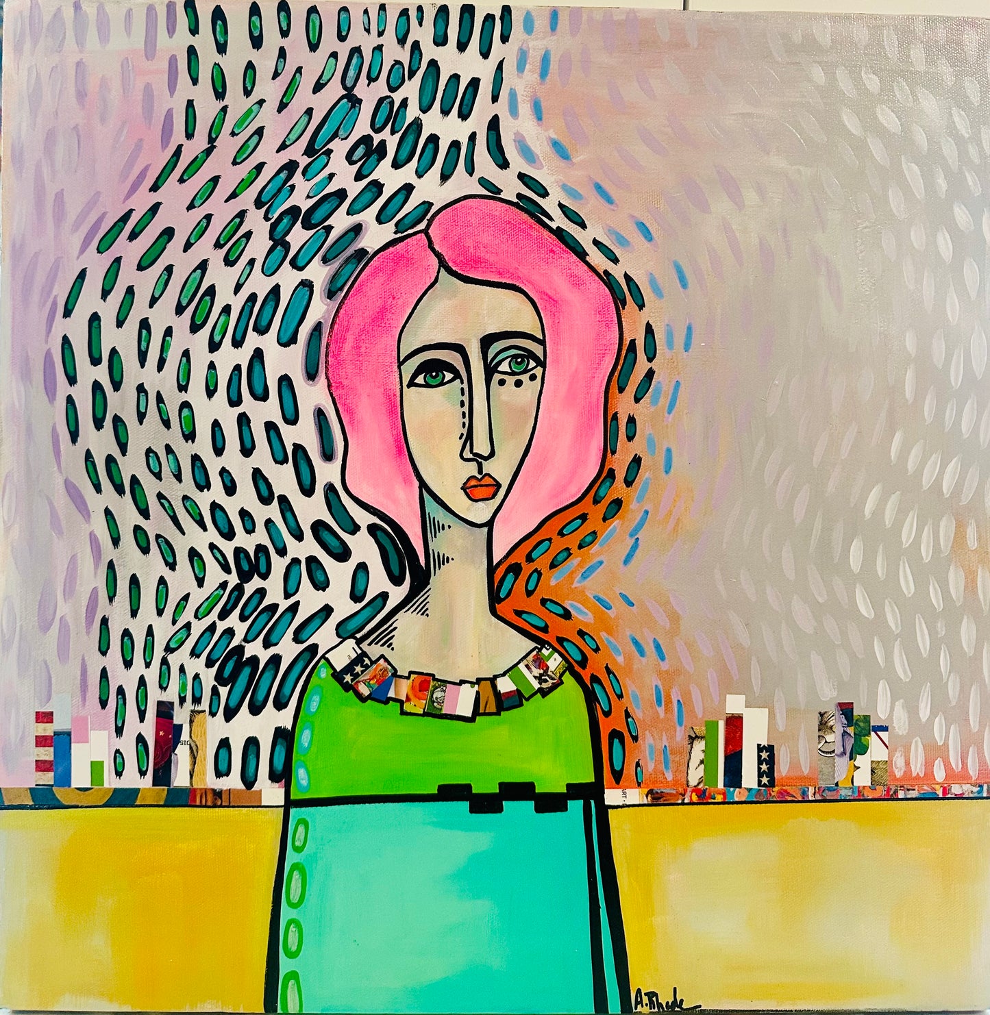 Original, signed painting-18x18” wide collage edge canvas: Abstract portrait w/ mixed media