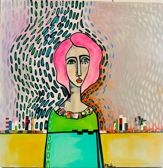 Original, signed painting-18x18” wide collage edge canvas: @Abstract portrait w/ mixed media