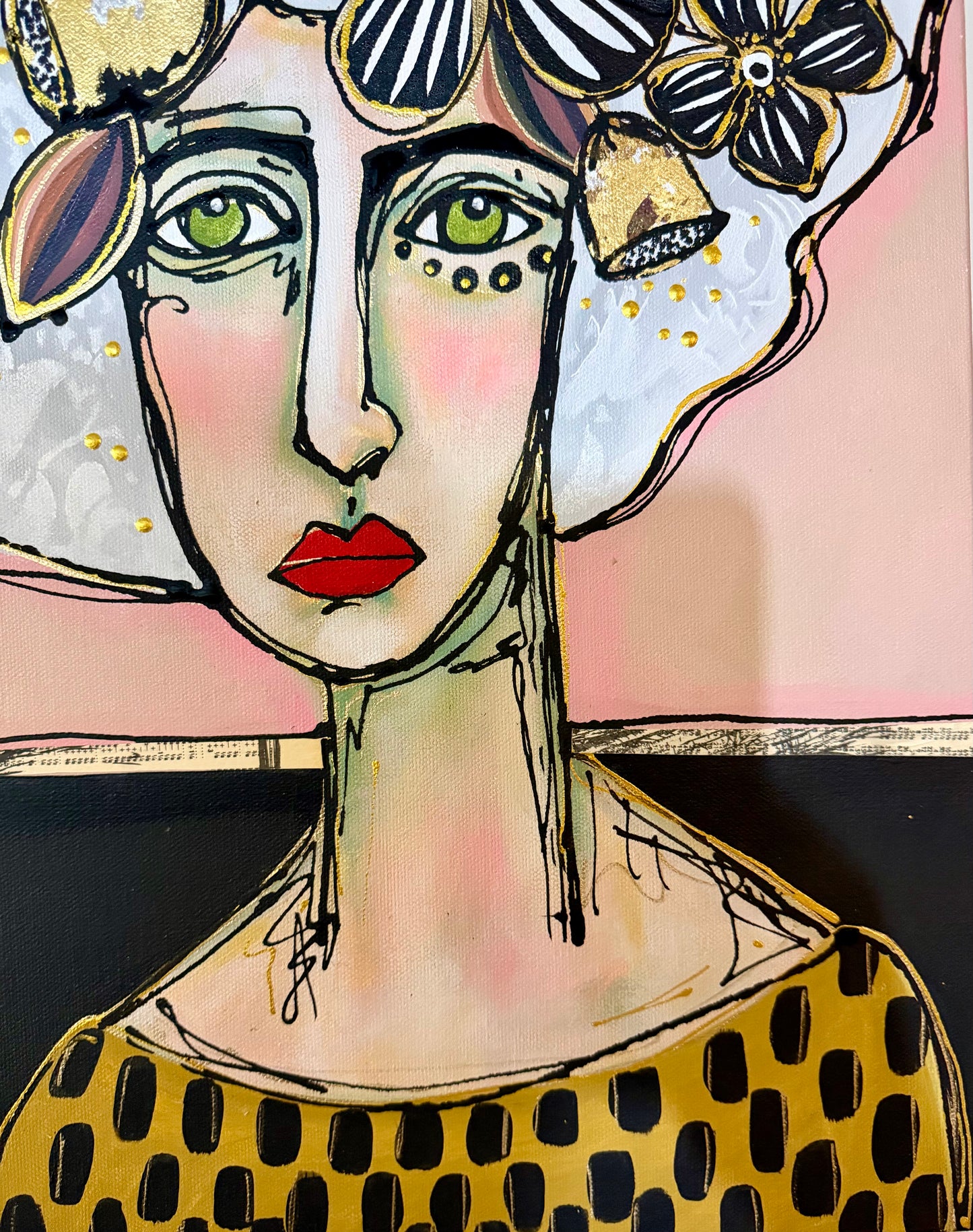 Original, signed painting-20x20”wide edge canvas: Abstract portrait with flowers/mixed media.
