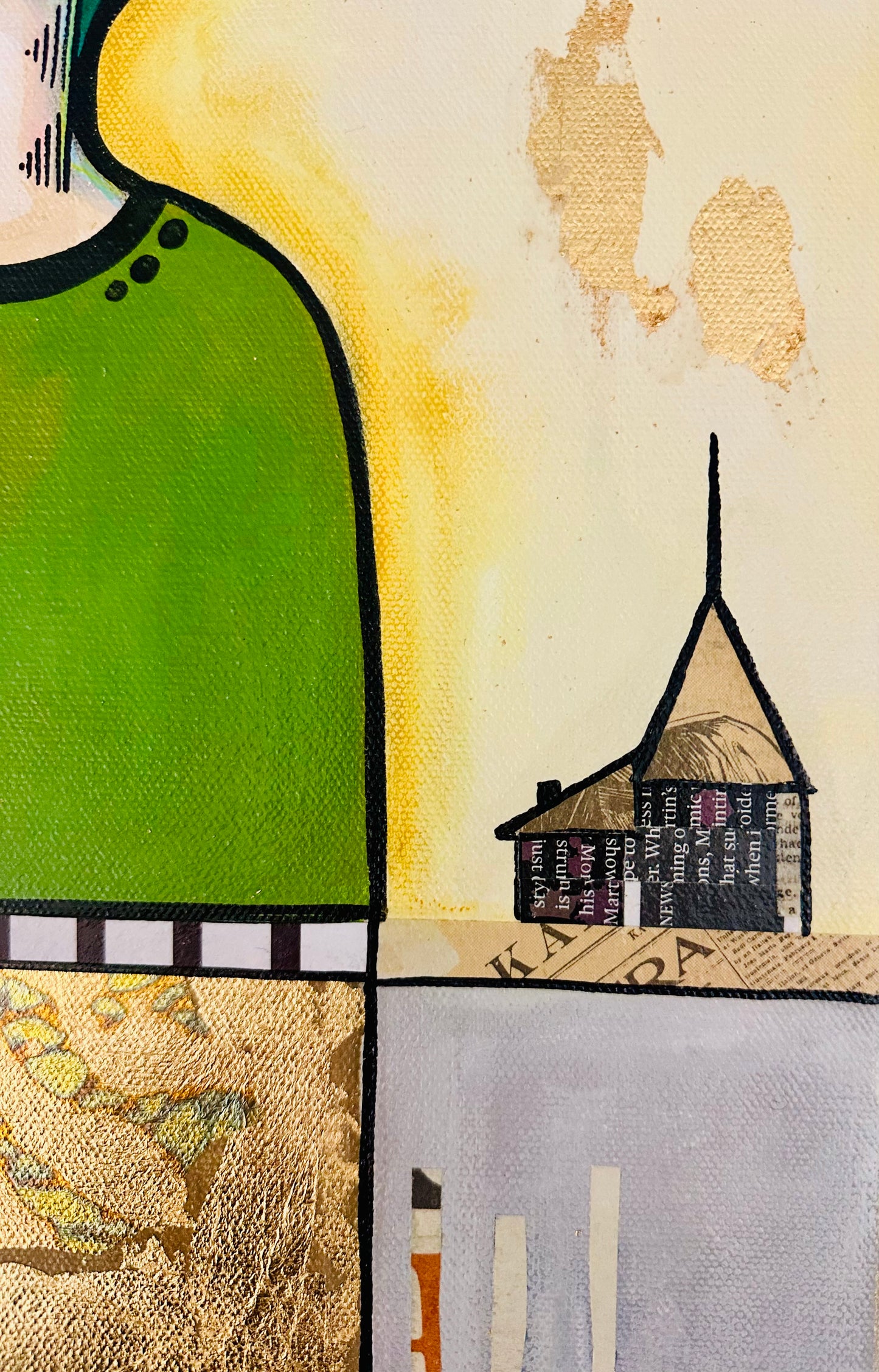 Original, signed painting-12x24” wide collage edge canvas: Abstract portrait w/ mixed media