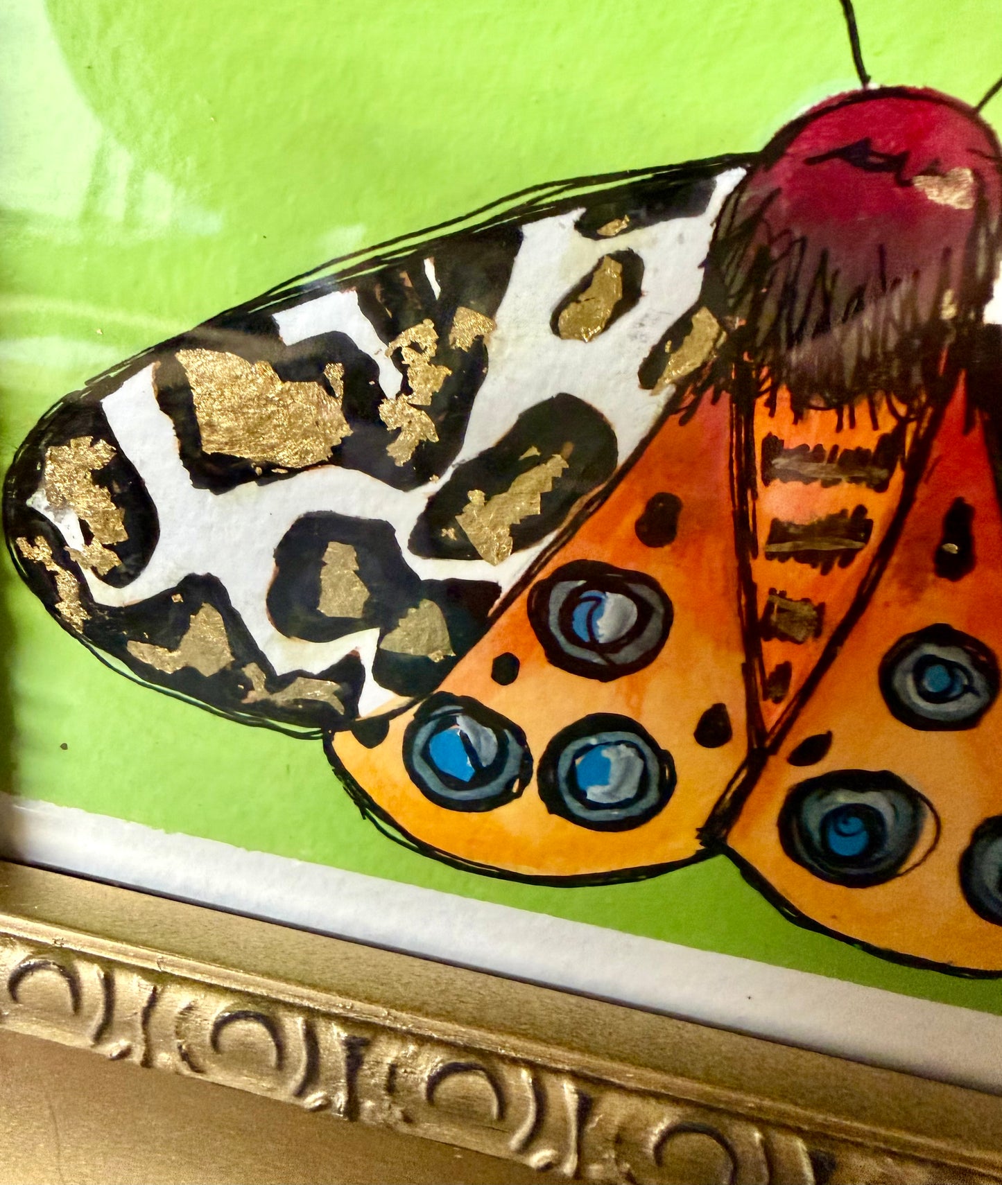 Original,signed painting/mixed media moth on heavyweight archival paper/board in gold ornate frame 10.5x12.5”
